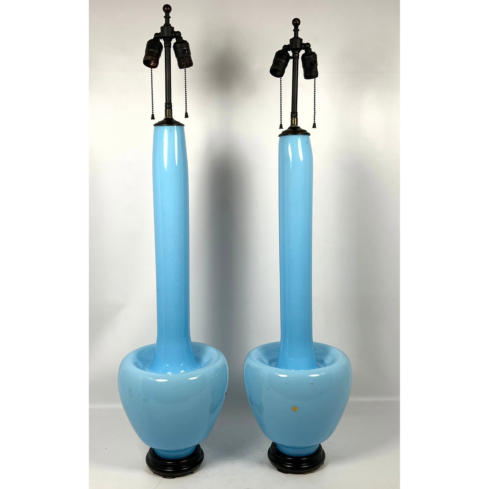 Pr Large Dramatic Long Necked Blue Art Glass Table Lamps. Italian Murano. Modernist Lighting. Italy (1 of 11)