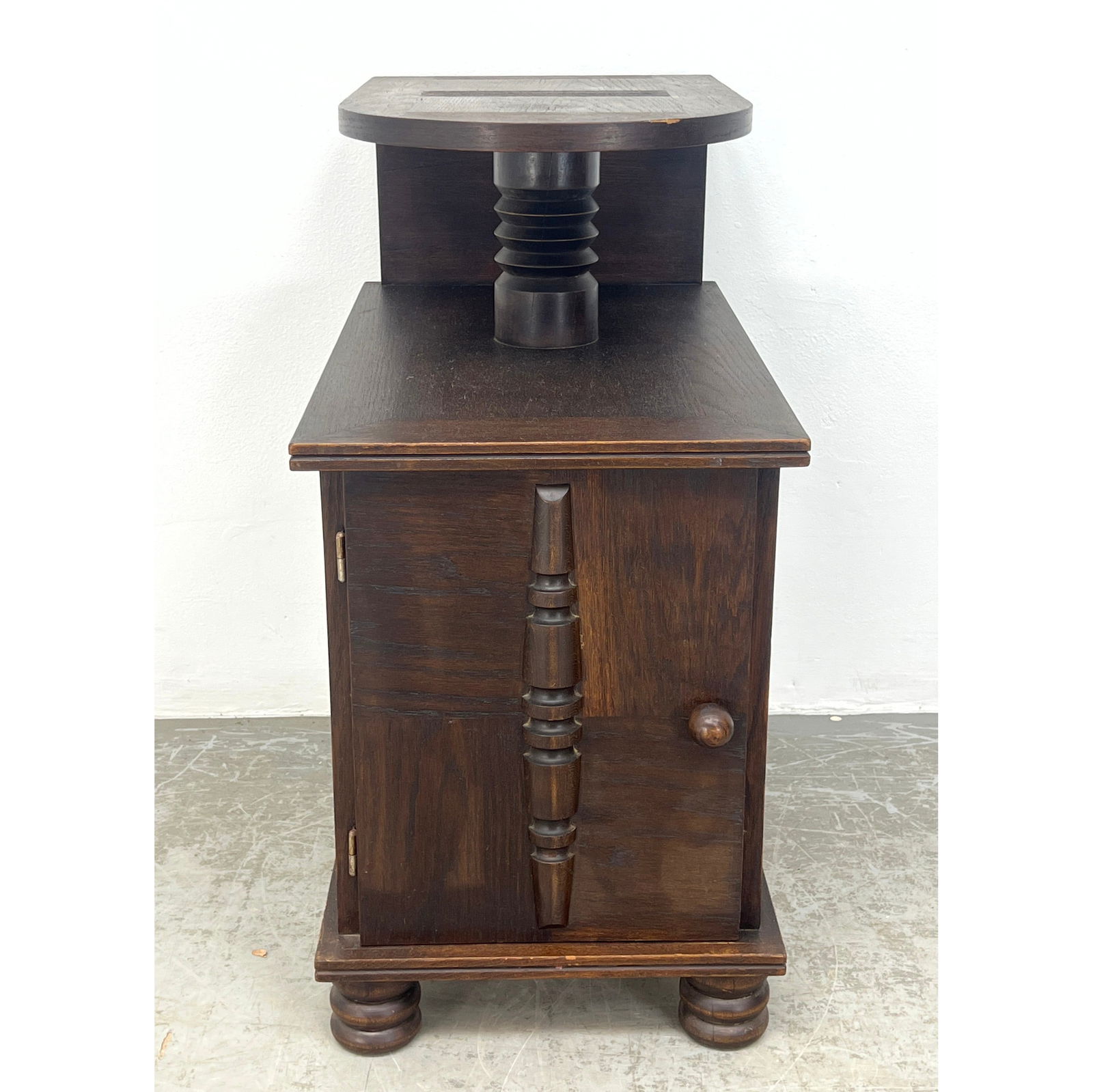 2 tier side table with cabinet base. Charles Dudouyt style.: 2 tier side table with cabinet base. Charles Dudouyt style. Dimensions: Height: 37 inches, Width: 15.5 inches, Depth: 26 inches. --- - We offer curbside delivery for most items to NYC, Manhattan, Clos