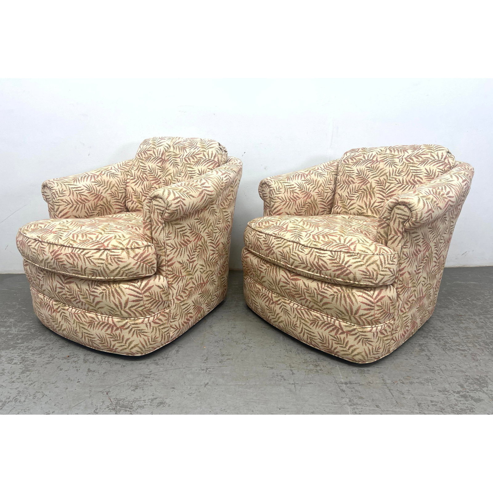 Pair Decorator Isenhour Upholstered swivel Lounge Chairs.: Pair Decorator Isenhour Upholstered swivel Lounge Chairs. Dimensions: Height: 27.5 inches, Width: 31.5 inches, Depth: 38 inches. - Seat Height: 19 inches --- - We offer curbside delivery for most item