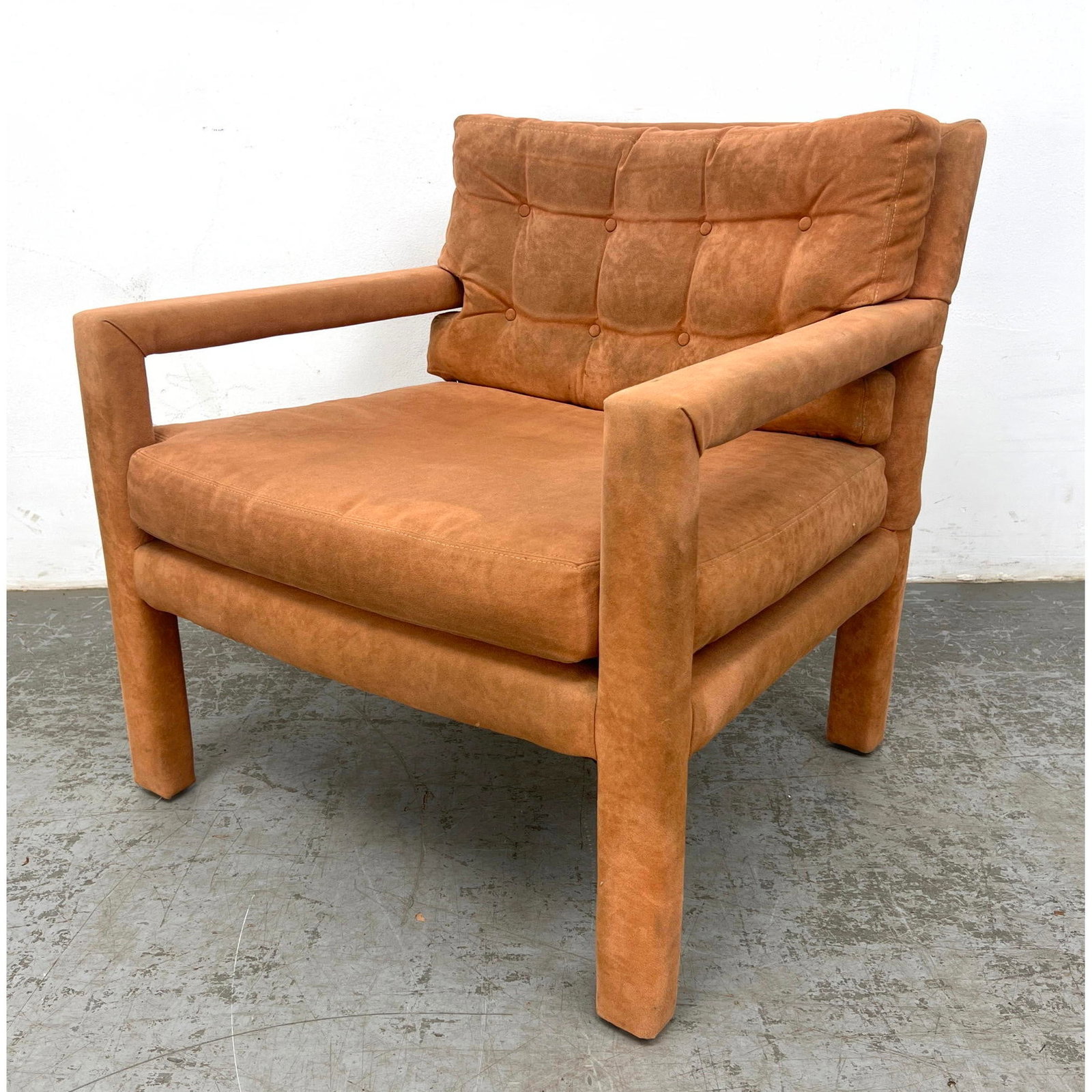 Mid Century Baughman Style Upholstered Parsons Lounge Chair: Mid Century Baughman Style Upholstered Parsons Lounge Chair Dimensions: Height: 29 inches, Width: 28 inches, Depth: 26 inches. - Seat Height: 17 inches --- - We offer curbside delivery for most items 