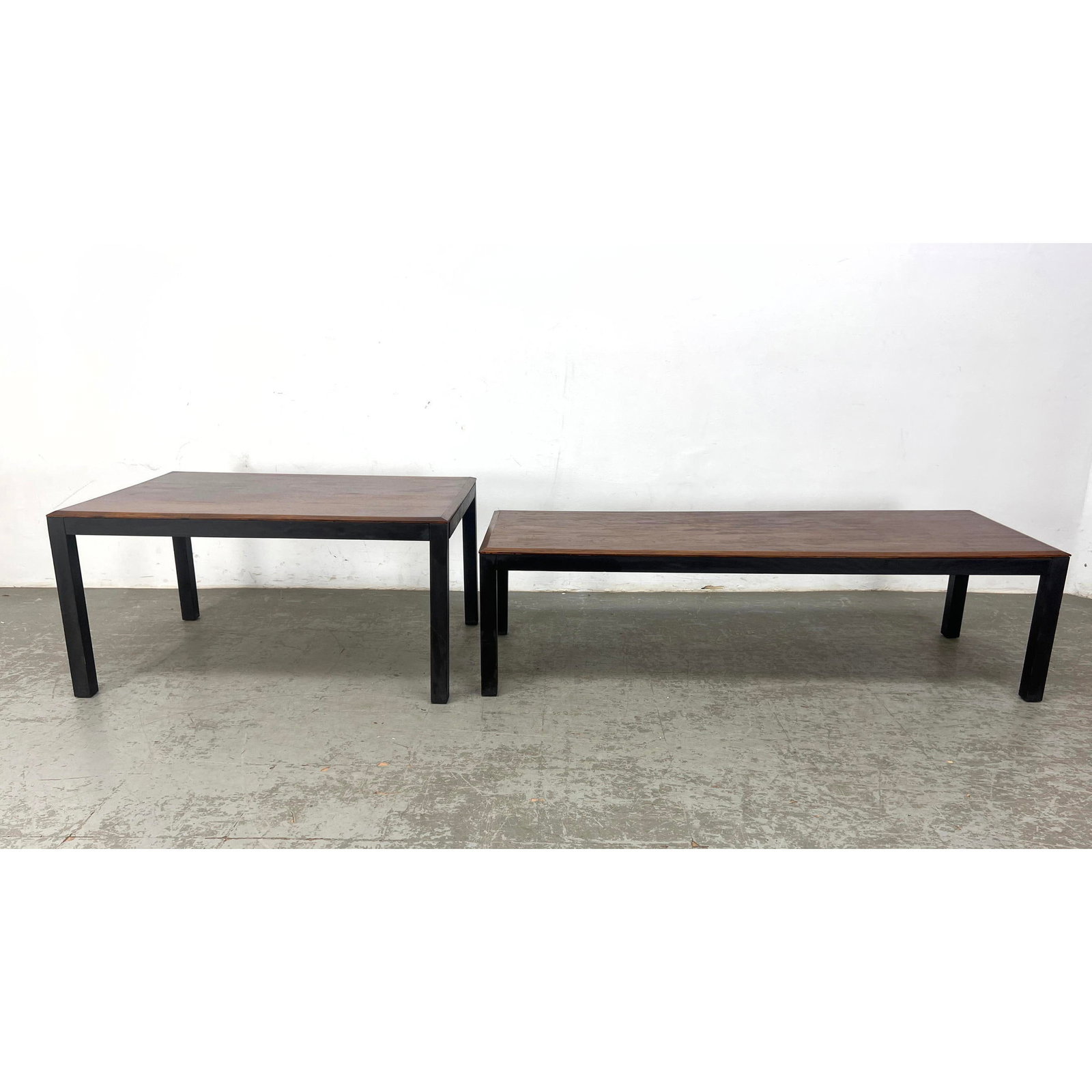2pc Baughman style Walnut Tables. Ebonized Square wood Frame Bases. Coffee and Side Table. Not Marke: 2pc Baughman style Walnut Tables. Ebonized Square wood Frame Bases. Coffee and Side Table. Not Marked. Dimensions: Height: 20.25 inches, Width: 40 inches, Depth: 28 inches. - Additional Dimensions: Sh