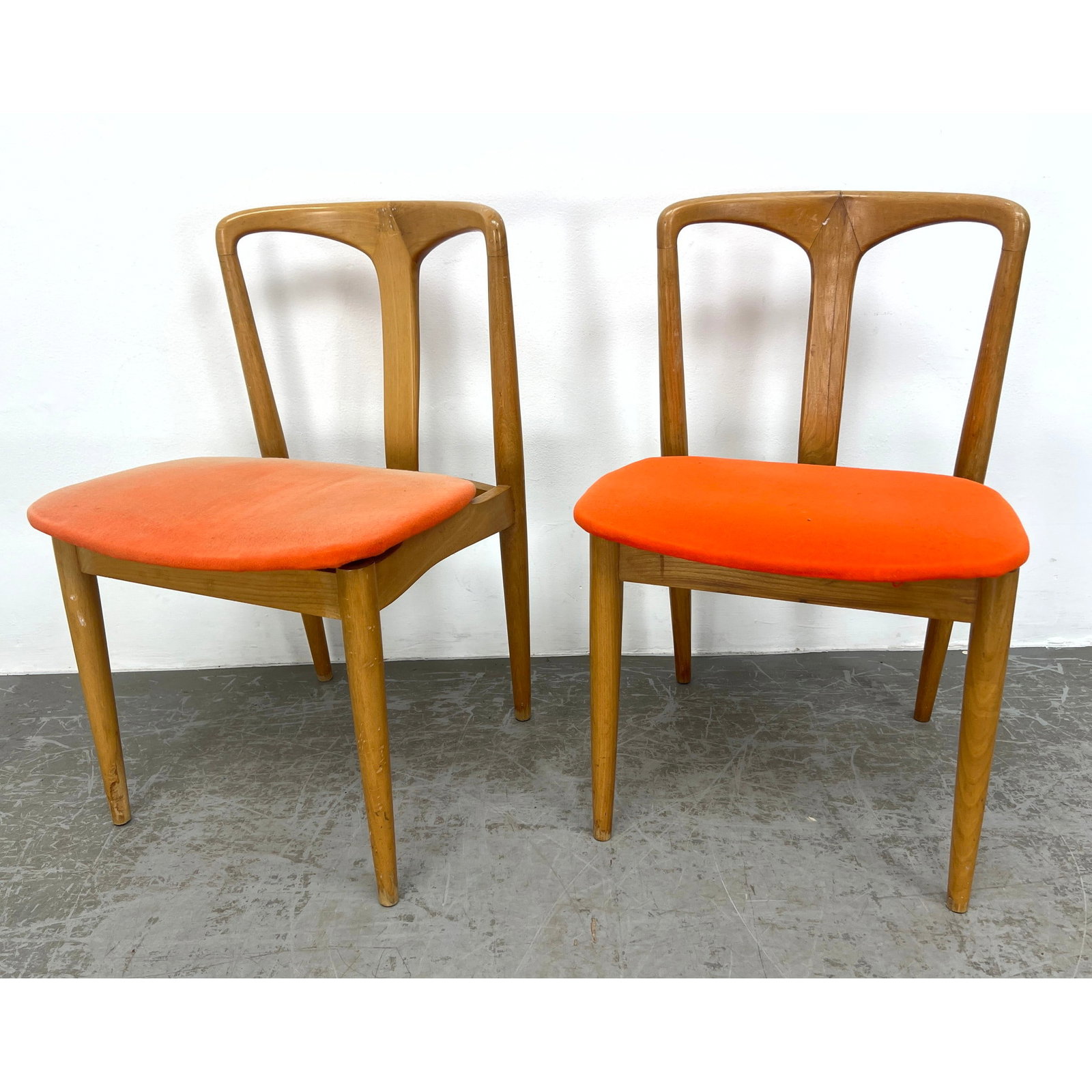 Pair Johannes Andersen Julianne chairs with sculpted backs.: Pair Johannes Andersen Julianne chairs with sculpted backs. Dimensions: Height: 31 inches, Width: 19 inches, Depth: 20 inches. - Seat Height: 18 inches --- - We offer curbside delivery for most items