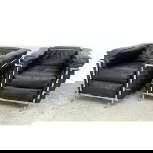 Pr Le Corbusier Chrome Lc2 Lounge Chairs. Black Leather on iconic chrome tube frames. Marked Italy.: Pr Le Corbusier Chrome Lc2 Lounge Chairs. Black Leather on iconic chrome tube frames. Marked Italy. Dimensions: Height: 26 inches, Width: 31 inches, Depth: 28 inches. - Seat Height: 16 inches --- - We