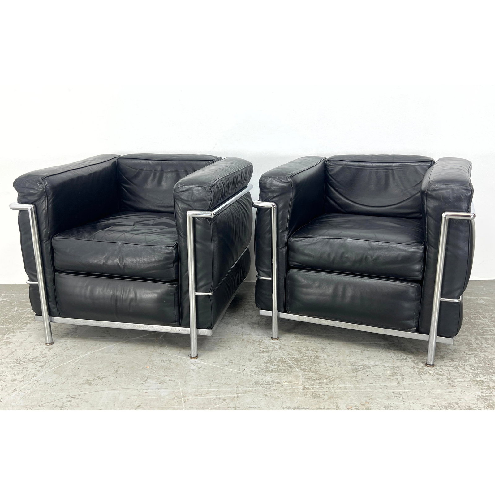 Pr Le Corbusier Chrome Lc2 Lounge Chairs. Black Leather on iconic chrome tube frames. Marked Italy. (1 of 18)