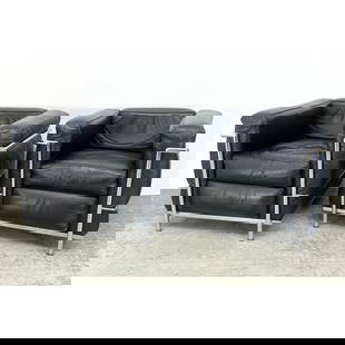 Pr Le Corbusier Chrome Lc2 Lounge Chairs. Black Leather on iconic chrome tube frames. Marked Italy.: Pr Le Corbusier Chrome Lc2 Lounge Chairs. Black Leather on iconic chrome tube frames. Marked Italy. Dimensions: Height: 26 inches, Width: 31 inches, Depth: 28 inches. - Seat Height: 16 inches --- - We