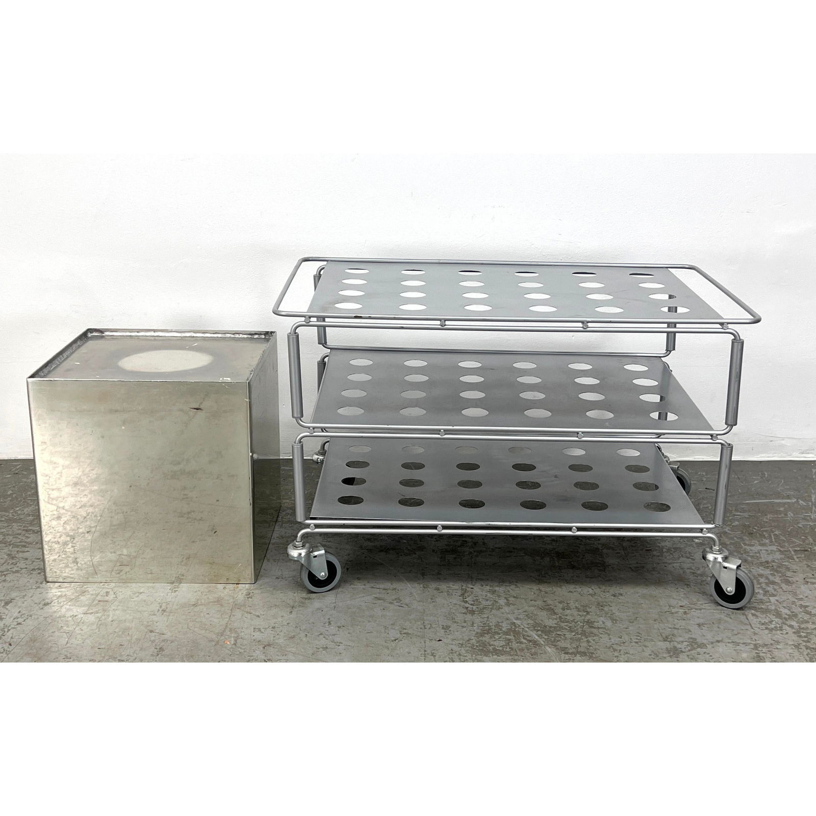 2pc Metal Household Items. 3 Tier Rolling Cart with Pierced Metal Levels. 2) cube chrome Side Table. (1 of 15)