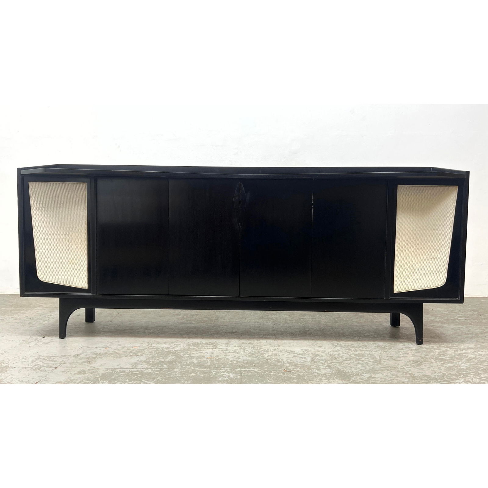 Italian Black Lacquer Credenza Sideboard Stereo Cabinet. Ponti style with angled legs. (1 of 12)