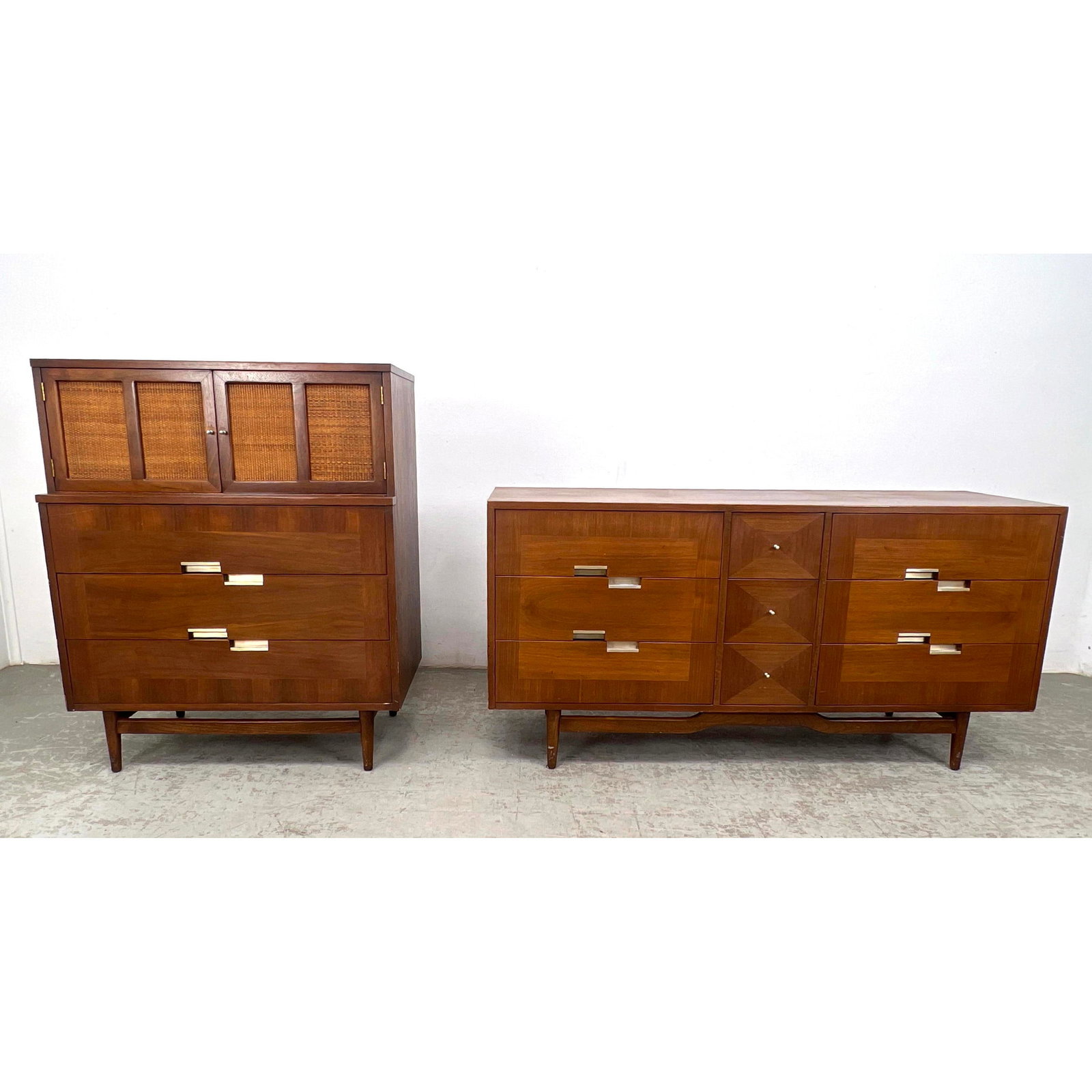 2pc AMERICAN MARTINSVILLE Walnut High, Low Dressers. Inlaid X Metal Details. American Modern Walnut (1 of 18)
