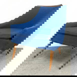 Adrian Pearsall style Walnut Blue Upholstered Lounge Chair. Walnut boomerang Trim Detail. Not marked: Adrian Pearsall style Walnut Blue Upholstered Lounge Chair. Walnut boomerang Trim Detail. Not marked. Dimensions: Height: 29 inches, Width: 29 inches, Depth: 24 inches. - Seat Height: 16 inches --- -