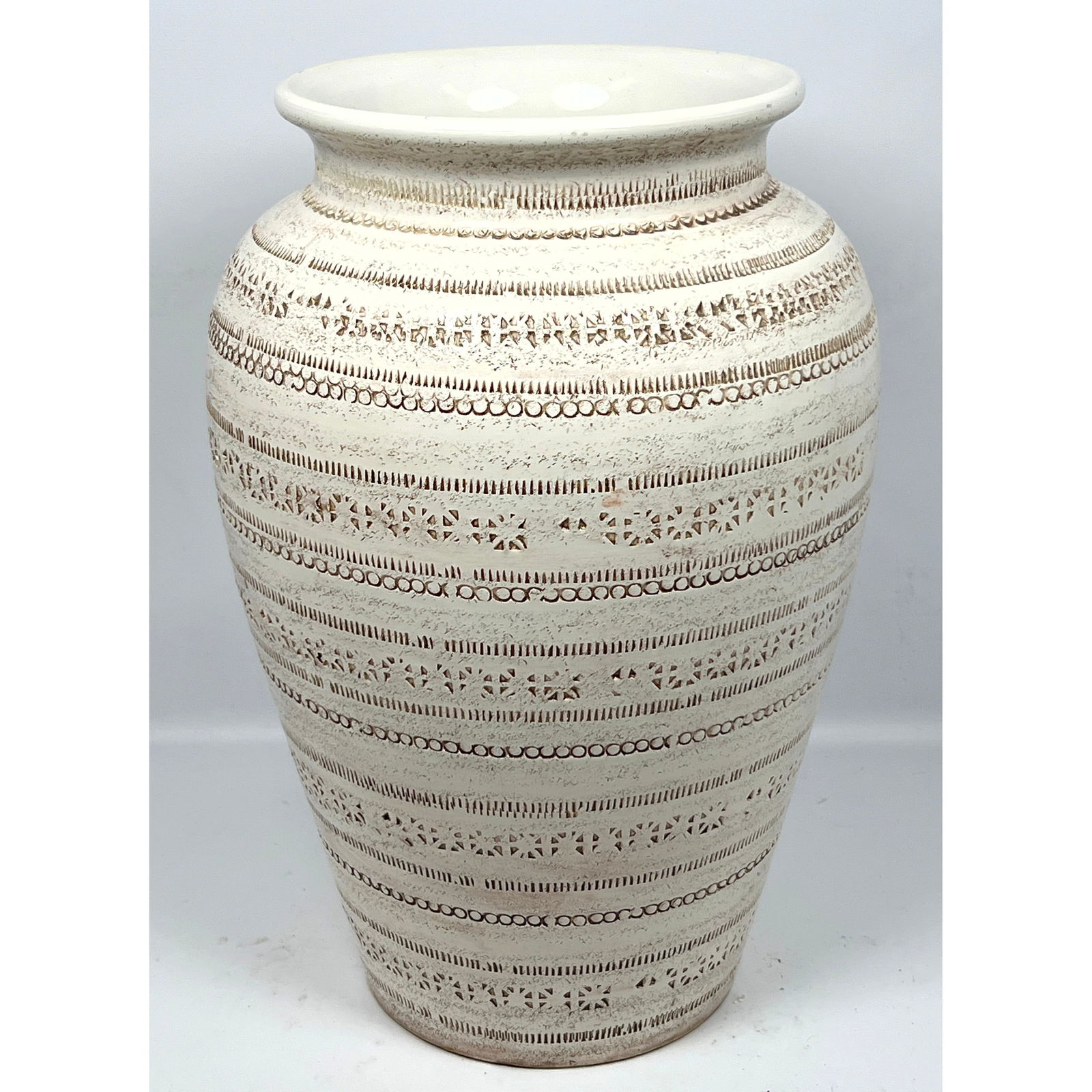 18" Tall Bitossi Italian Pottery Glazed Vase. Bands of Impressed details. Marked Italy. (1 of 11)