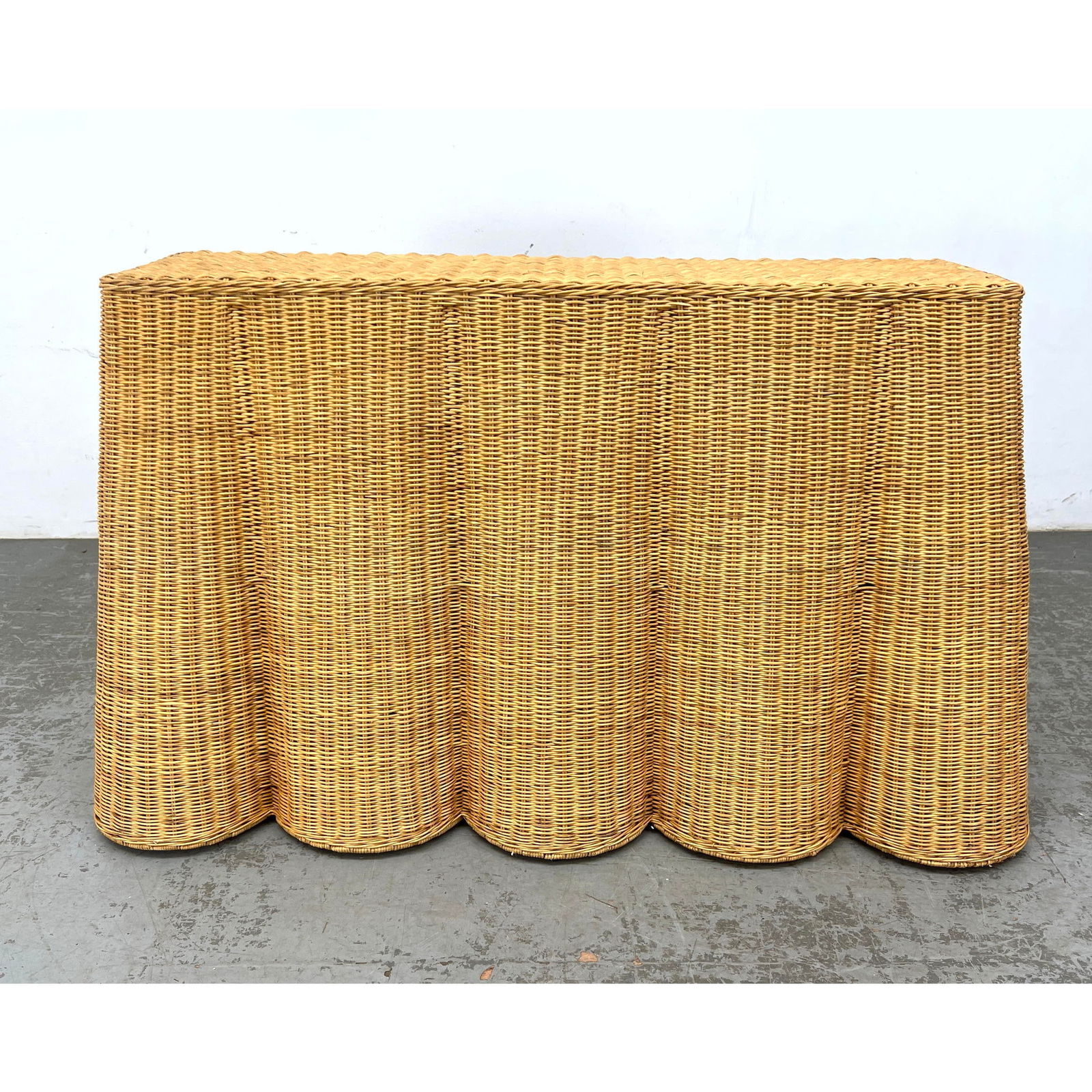 Draped Wicker Rattan Console Sofa Table. Scalloped Front and Sides. Tromp- L'oeil (1 of 9)