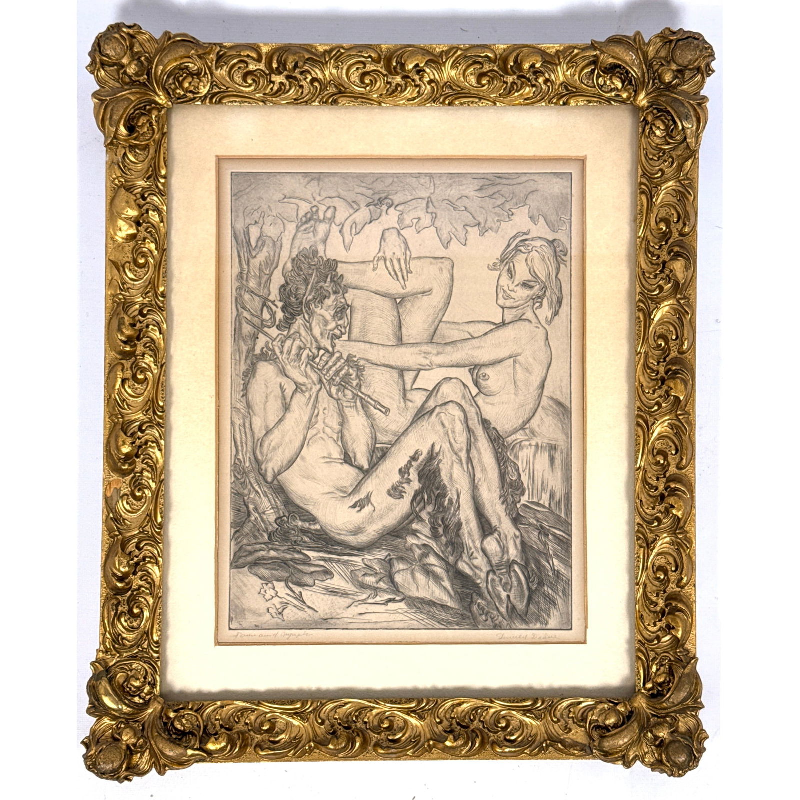 Vintage De Sue engraving. Framed. "Faun and ????. Ornate gilt carved frame. Artist Signed.: Vintage De Sue engraving. Framed. "Faun and ????. Ornate gilt carved frame. Artist Signed. Dimensions: Frame Height: 18.5 inches, Frame Width: 15.5 inches. - Image Size: Image Height: 12 inches, Image