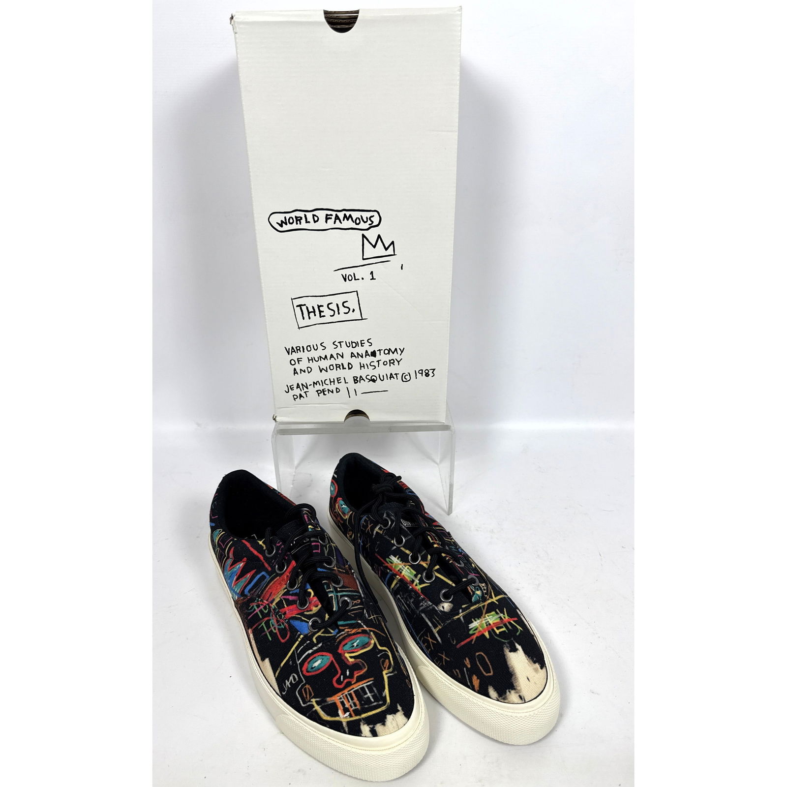 Jean-Michel Basquiat limited edition Converse sneakers, men's size 10.5. These artist-collaboration: Jean-Michel Basquiat limited edition Converse sneakers, men's size 10.5. These artist-collaboration high-tops feature signature Basquiat graphics. Dimensions: Height: 4.5 inches, Width: 4.5 inches, De