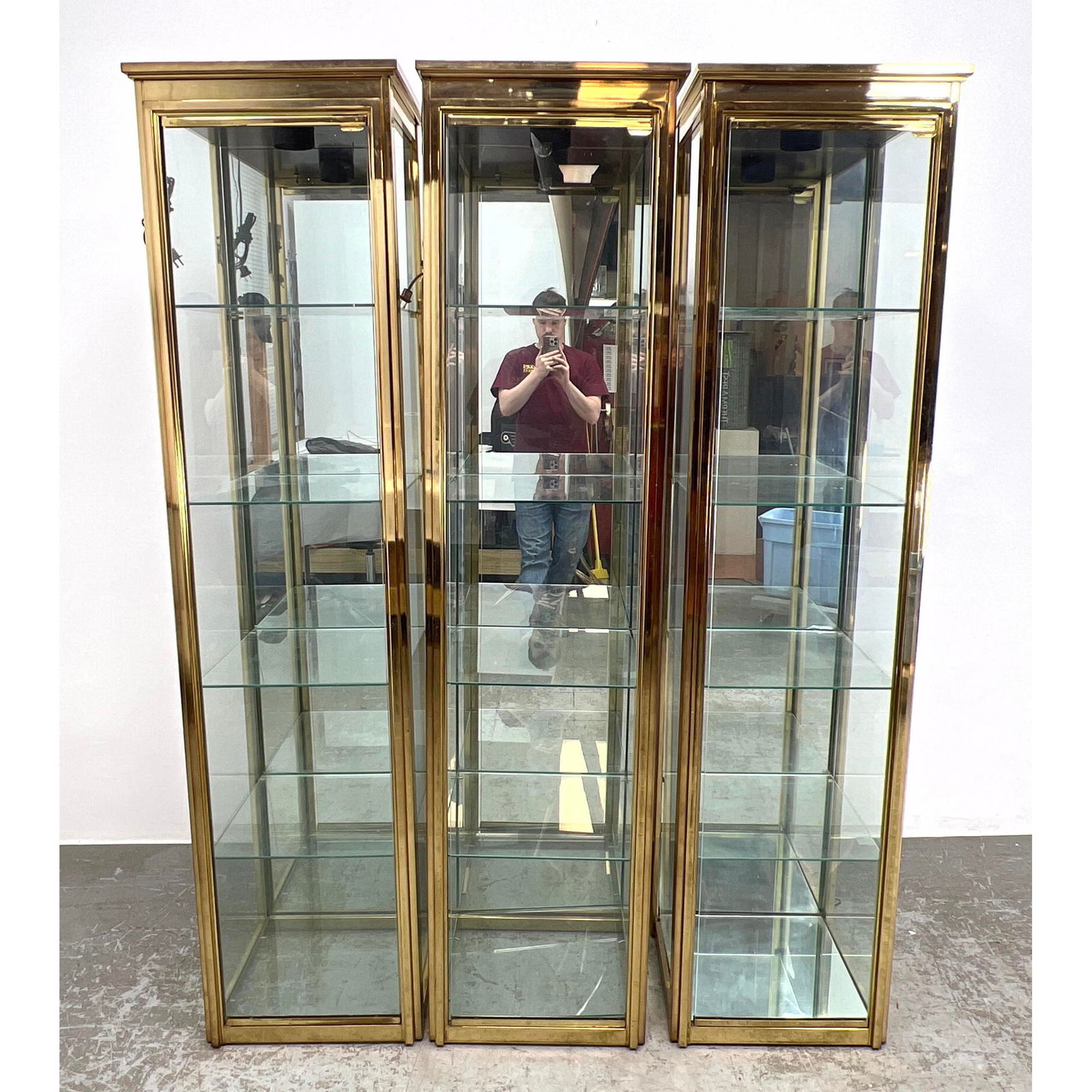 Set 3 Brass Column Form Display Etagere Shelf. Each with 1 Door. Possibly DESIGN INSTITUTE of AMERIC (1 of 16)