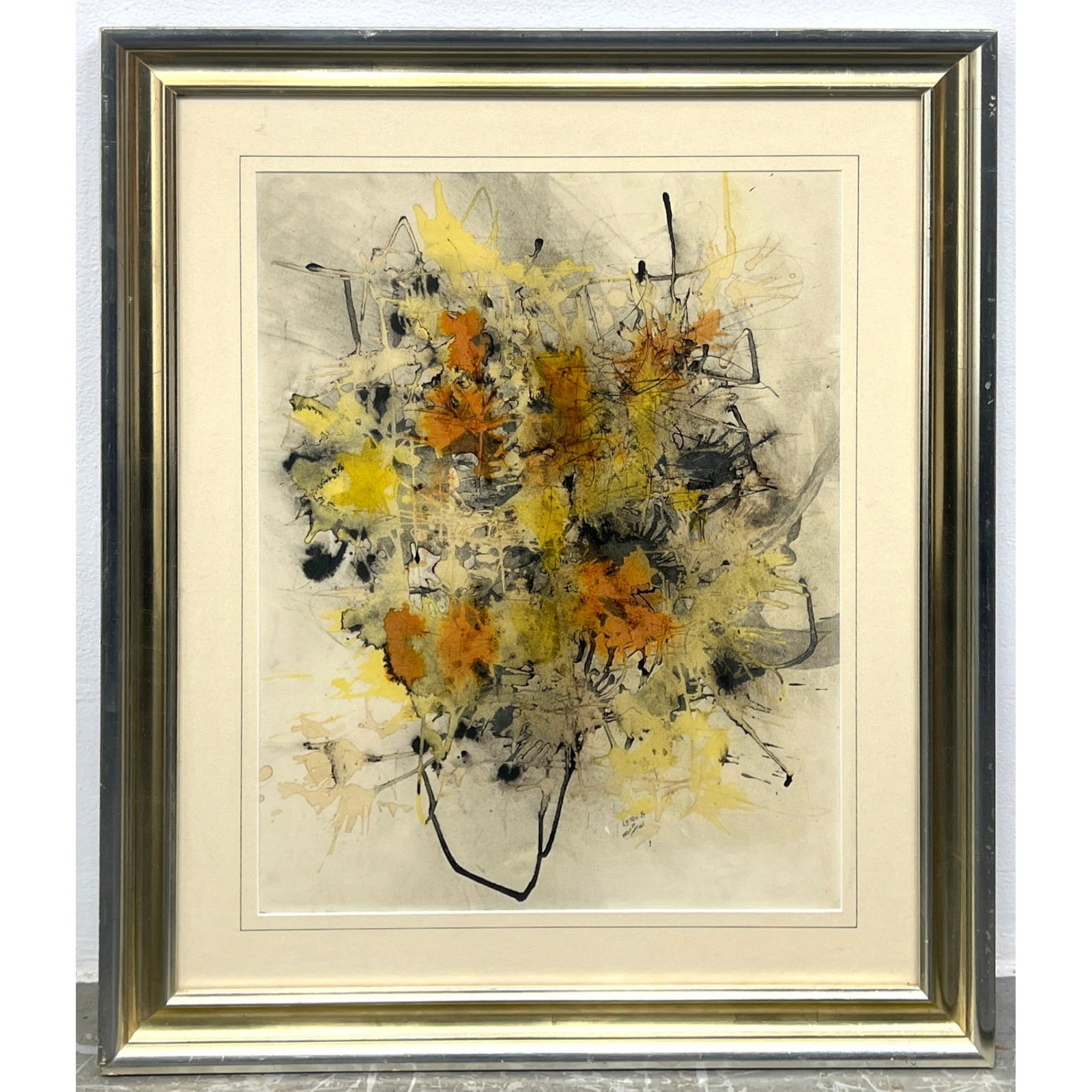 Abstract watercolor on paper with illegible signature 1966: Abstract watercolor on paper with illegible signature 1966 Dimensions: Height: 31.5 inches, Width: 25.5 inches. --- US Packing and Shipping charge: In house shipping available. Will be calculated once