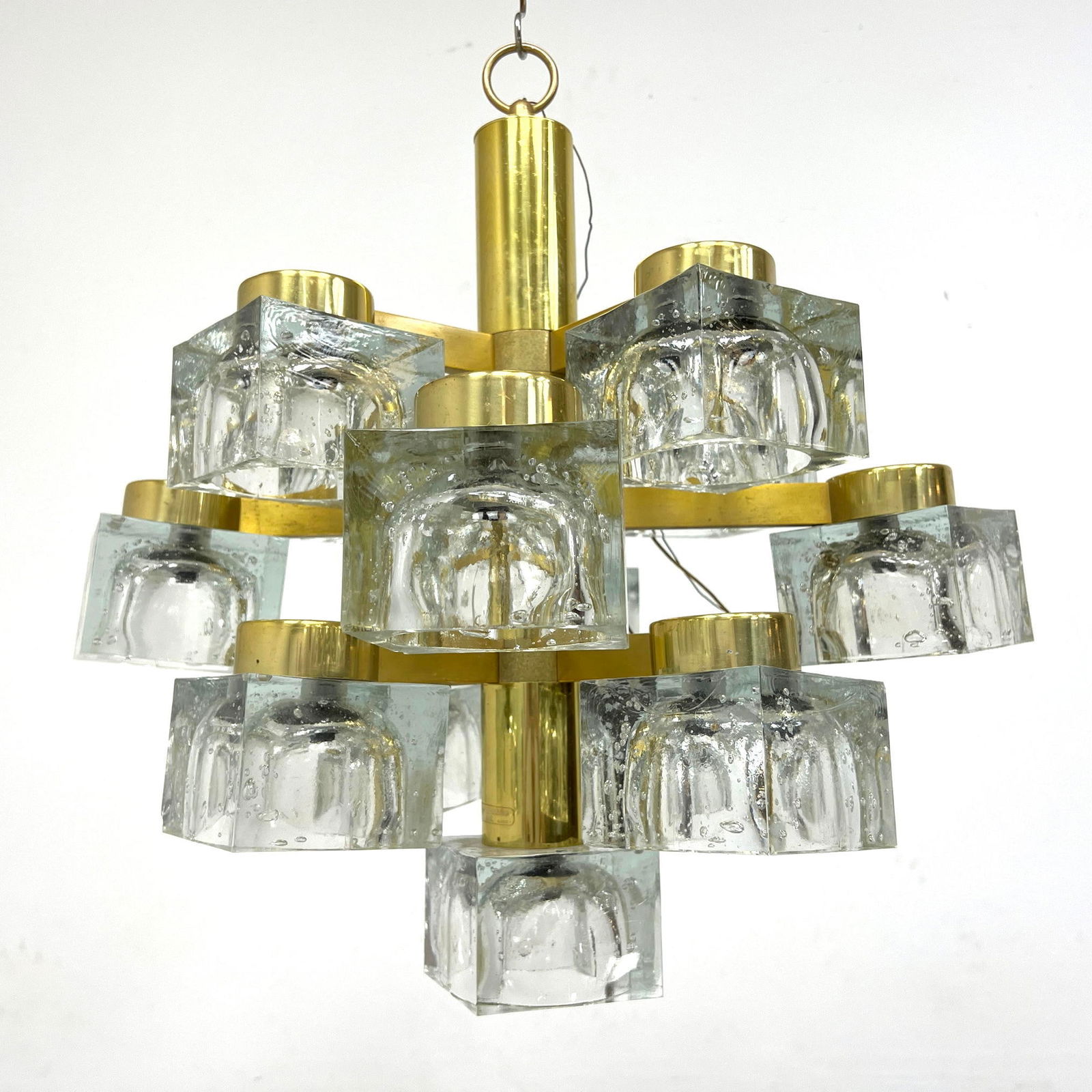 Gaetano Sciolari Brass Glass Modernist Chandelier. Brass Arms support 9 Square Block "Ice Cube" Glas (1 of 10)