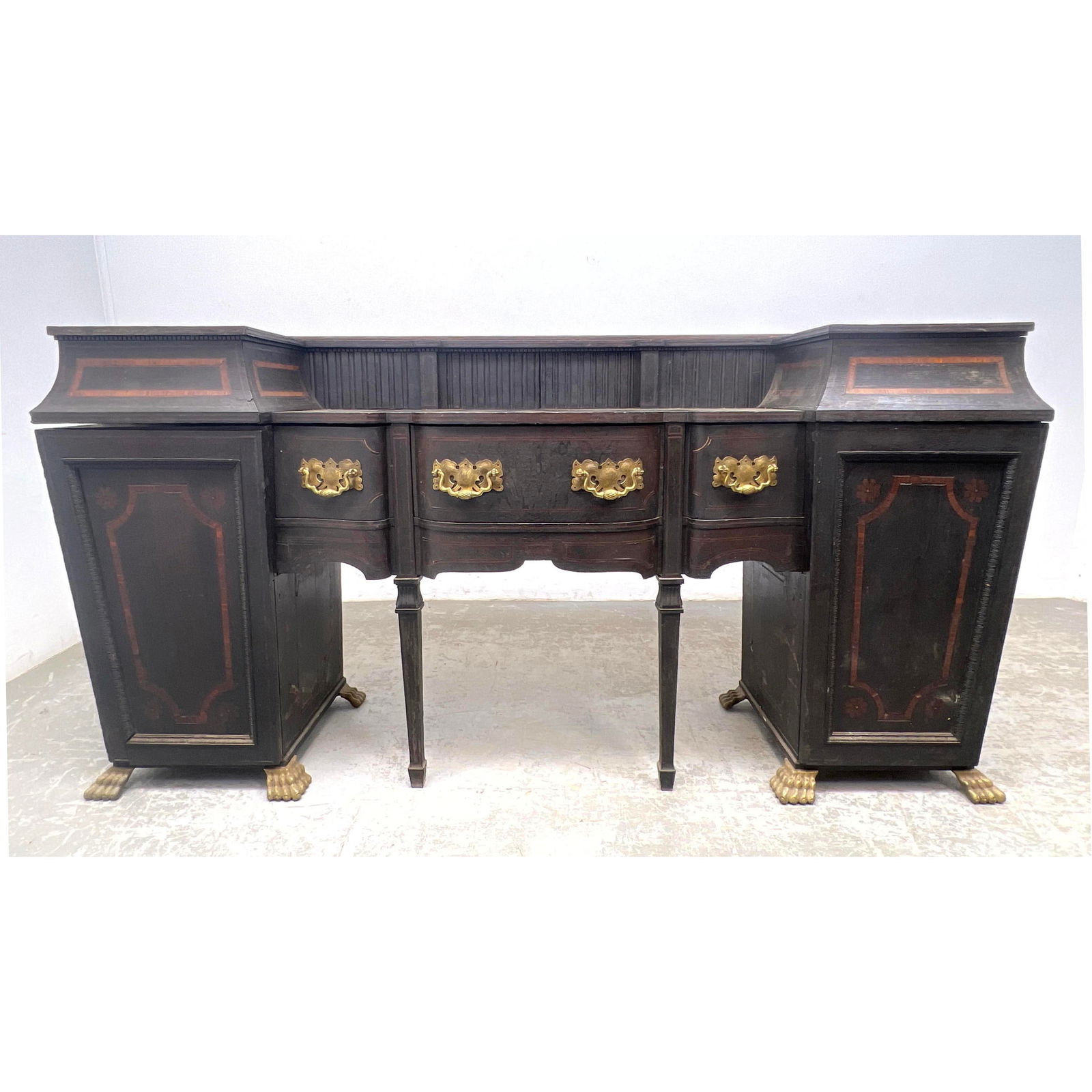 Federal Style Antique Oak Sidebaord Buffet Cabinet. Heavy brass Ornamental Details.: Federal Style Antique Oak Sidebaord Buffet Cabinet. Heavy brass Ornamental Details. Dimensions: Height: 48 inches, Width: 94 inches, Depth: 22.5 inches. --- - We offer curbside delivery for most items