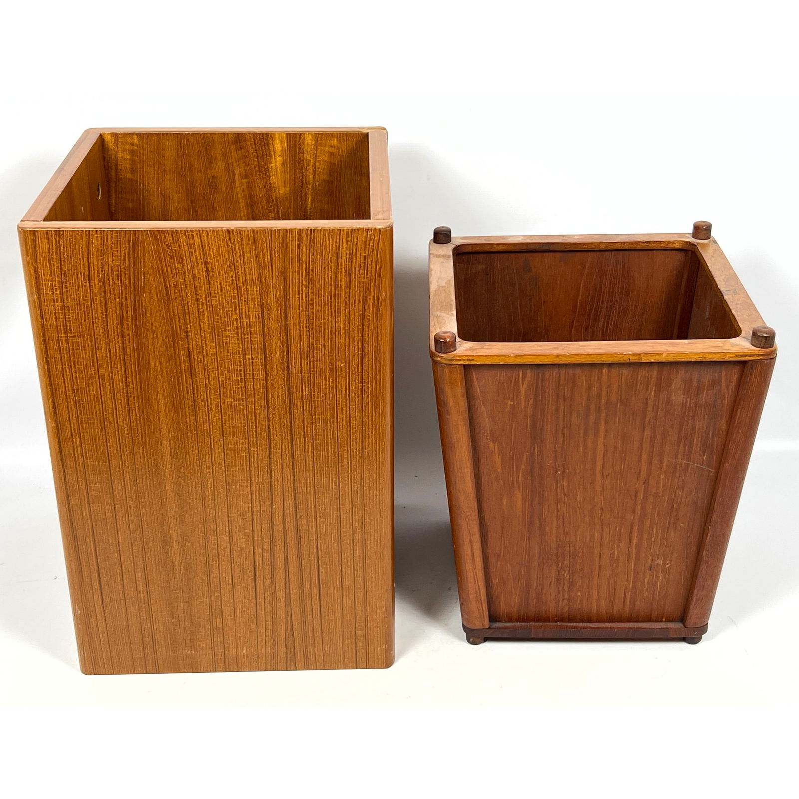 2 pcs Danish Modern Teak Waste Baskets: 2 pcs Danish Modern Teak Waste Baskets Dimensions: Height: 16 inches, Width: 11.25 inches, Depth: 11.25 inches. --- US Packing and Shipping charge: In house shipping available. Will be calculated once