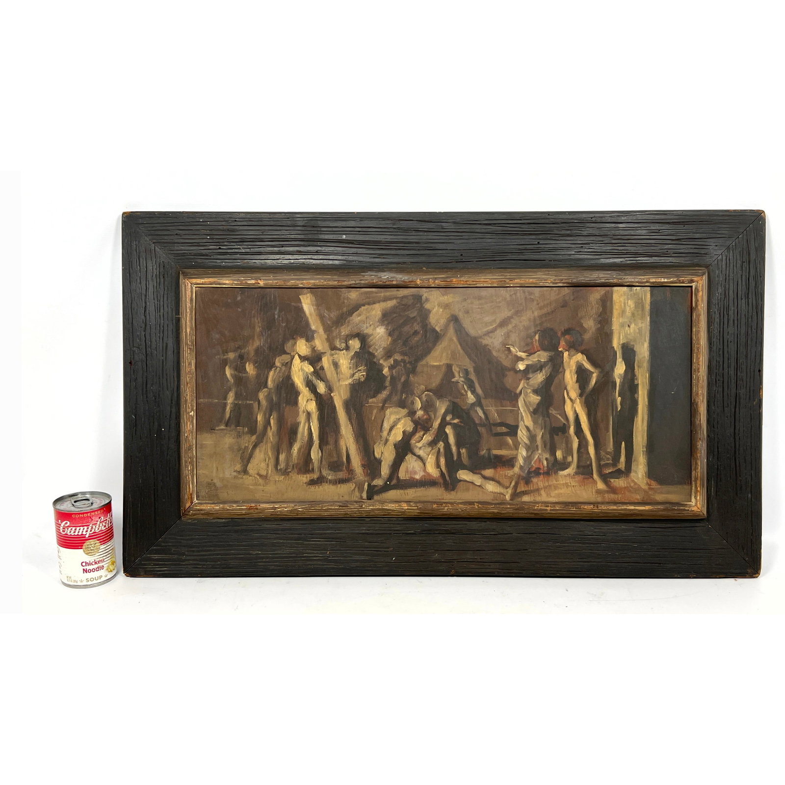 WPA Style Figural Impressionists Painting on Board. Ash Can.: WPA Style Figural Impressionists Painting on Board. Ash Can. Dimensions: Frame Height: 18 inches, Frame Width: 31 inches. - Image Size: Image Height: 12 inches, Image Width: 25.5 inches. --- US Packin