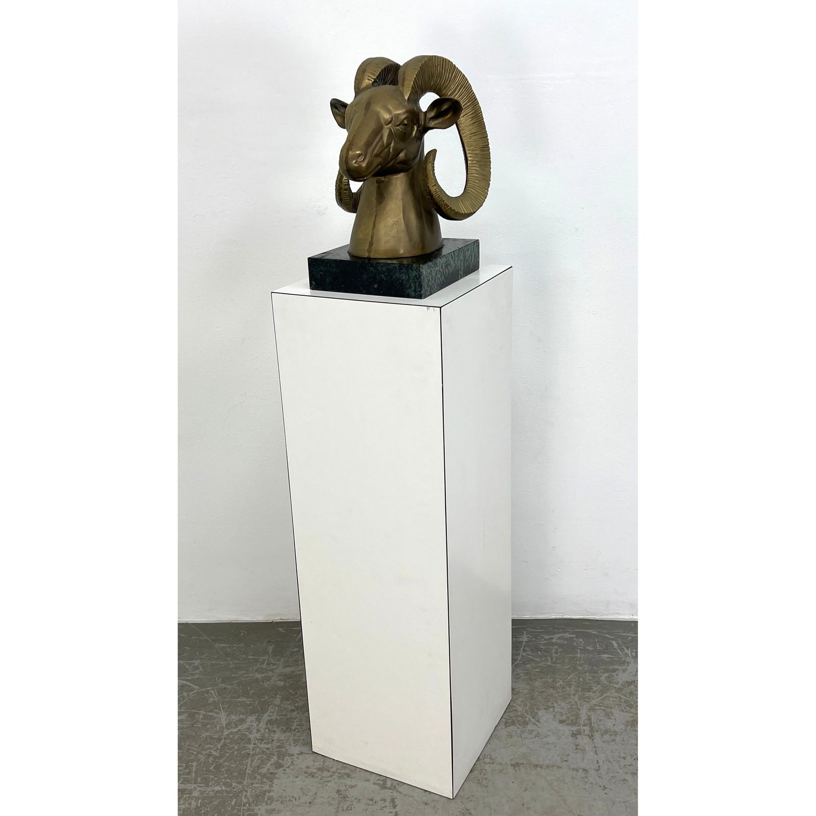 Decorator Ram Head Brass Sculpture with Marble Base.  On White Laminate Pedestal. (1 of 12)