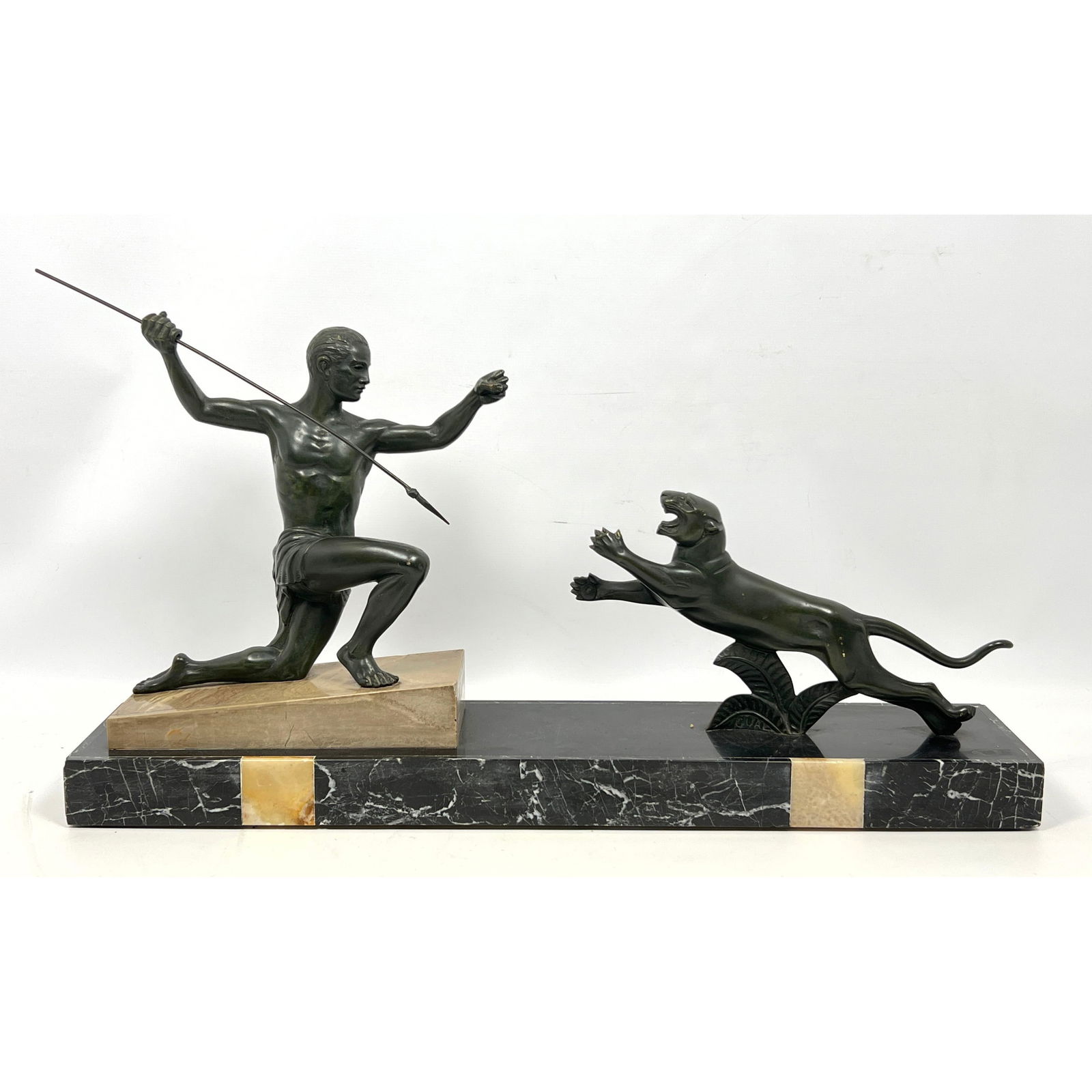 Enrique Molins-Balleste Art Deco Bronze Figural Sculpture. Man with Spear and Panther. Colored Marbl (1 of 13)