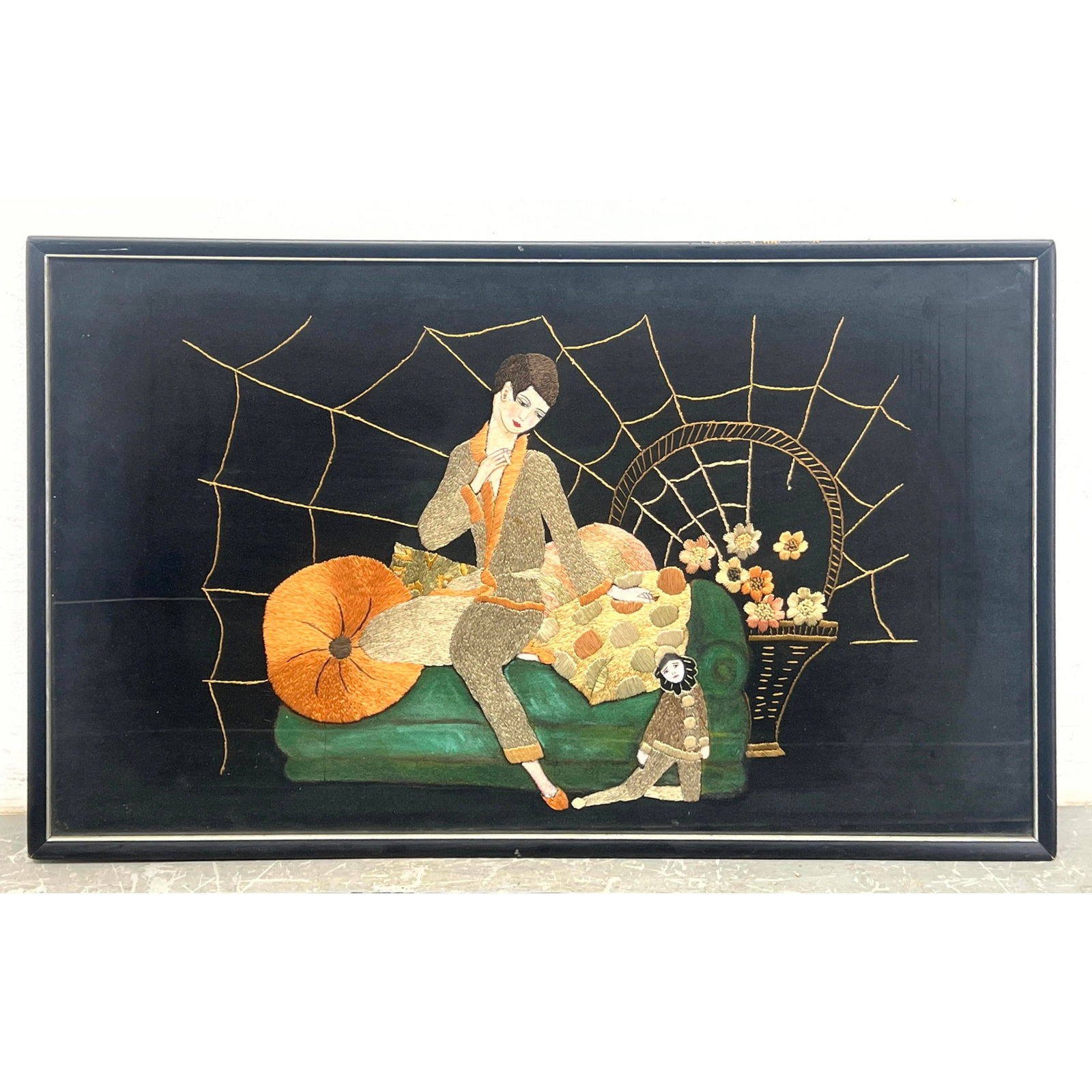 Vintage Art Deco Hand Embroidery. Woman reclines on Divan with Pierrot and Spider Web Images. Framed (1 of 10)