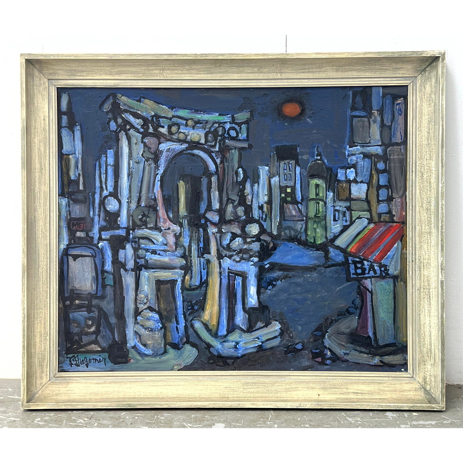 Artist Signed Moody Modernist Town Painting. Blue Palette Painting of Arched Building and Bar. Ille: Artist Signed Moody Modernist Town Painting. Blue Palette Painting of Arched Building and Bar. Illegibly signed. Dimensions: Height: 28.5 inches, Width: 33.5 inches. --- US Packing and Shipping charge