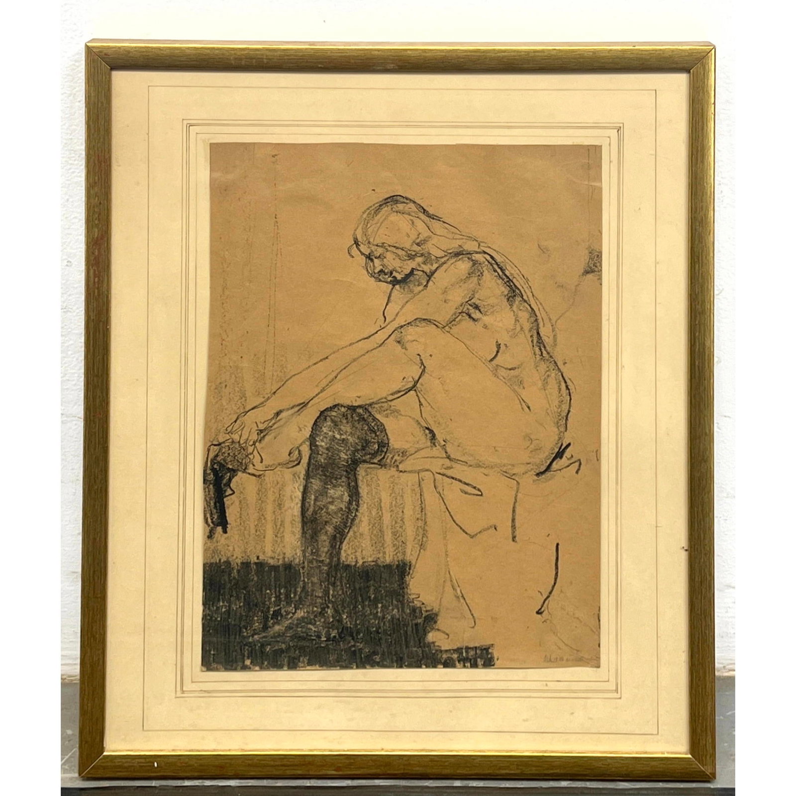 Charcoal Crayon Drawing Nude with Stockings. ALBERT WARSAW Signed. Estate of Artist.: Charcoal Crayon Drawing Nude with Stockings. ALBERT WARSAW Signed. Estate of Artist. Dimensions: Frame Height: 23.25 inches, Frame Width: 19.5 inches. - Image Size: Image Height: 16.5 inches, Image Wi
