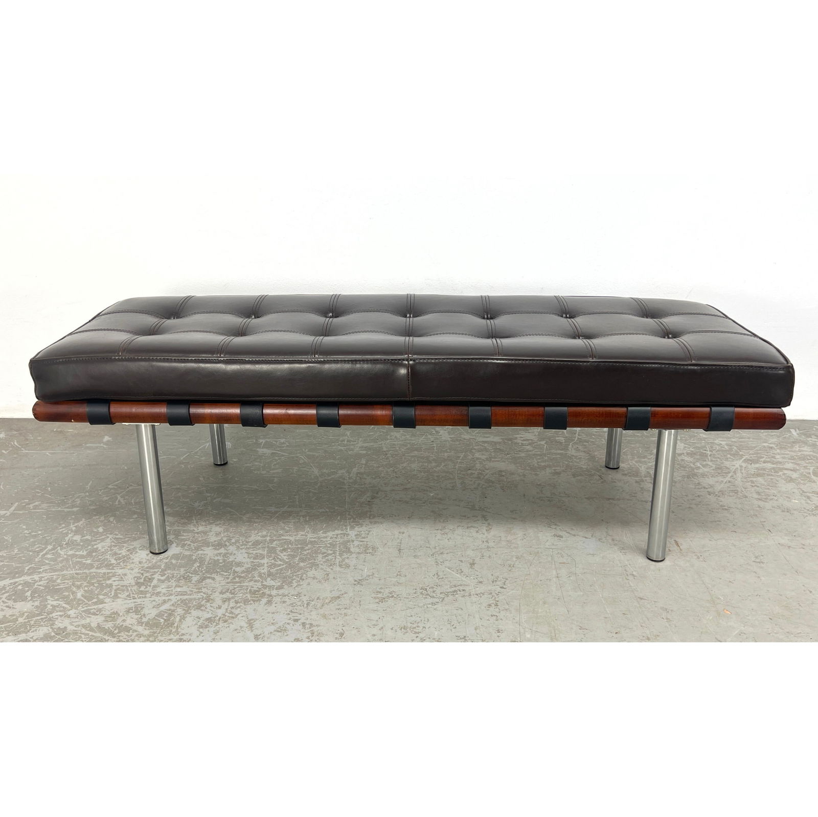 Contemporary Barcelona Style Bench.  Button top with chrome and wood base. (1 of 10)