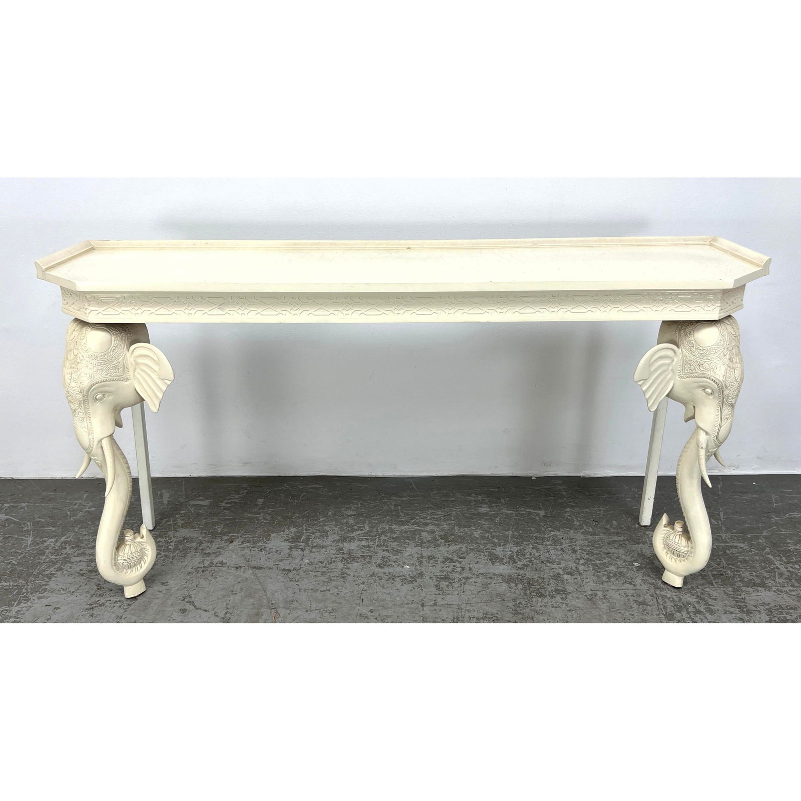 Decorator Wall Console Table with Figural Elephant Carved Legs. Lattice detail relief skirt. Beige P (1 of 13)
