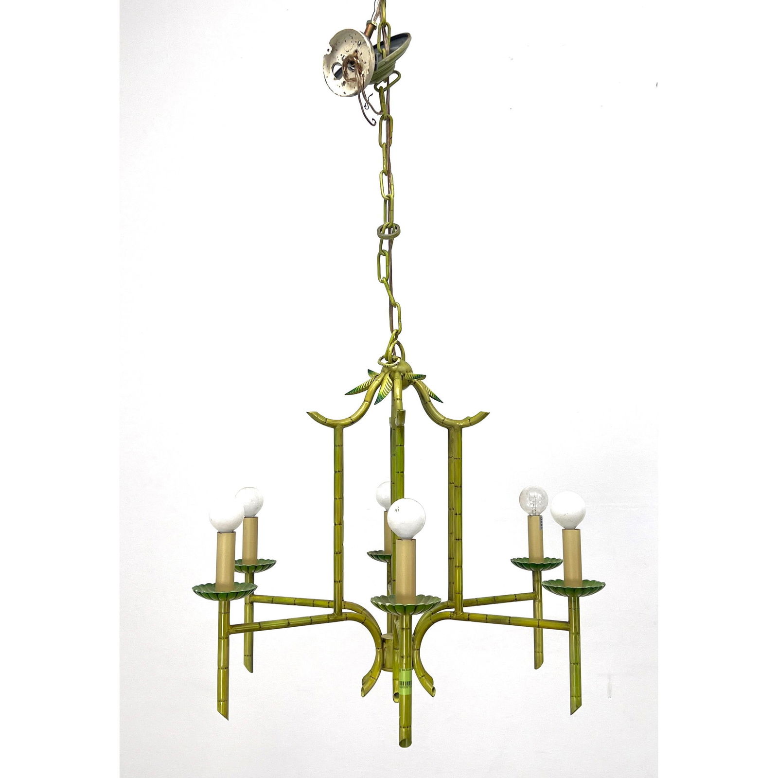 Asian style metal faux bamboo chandelier with pagoda-inspired tiered form. (1 of 8)