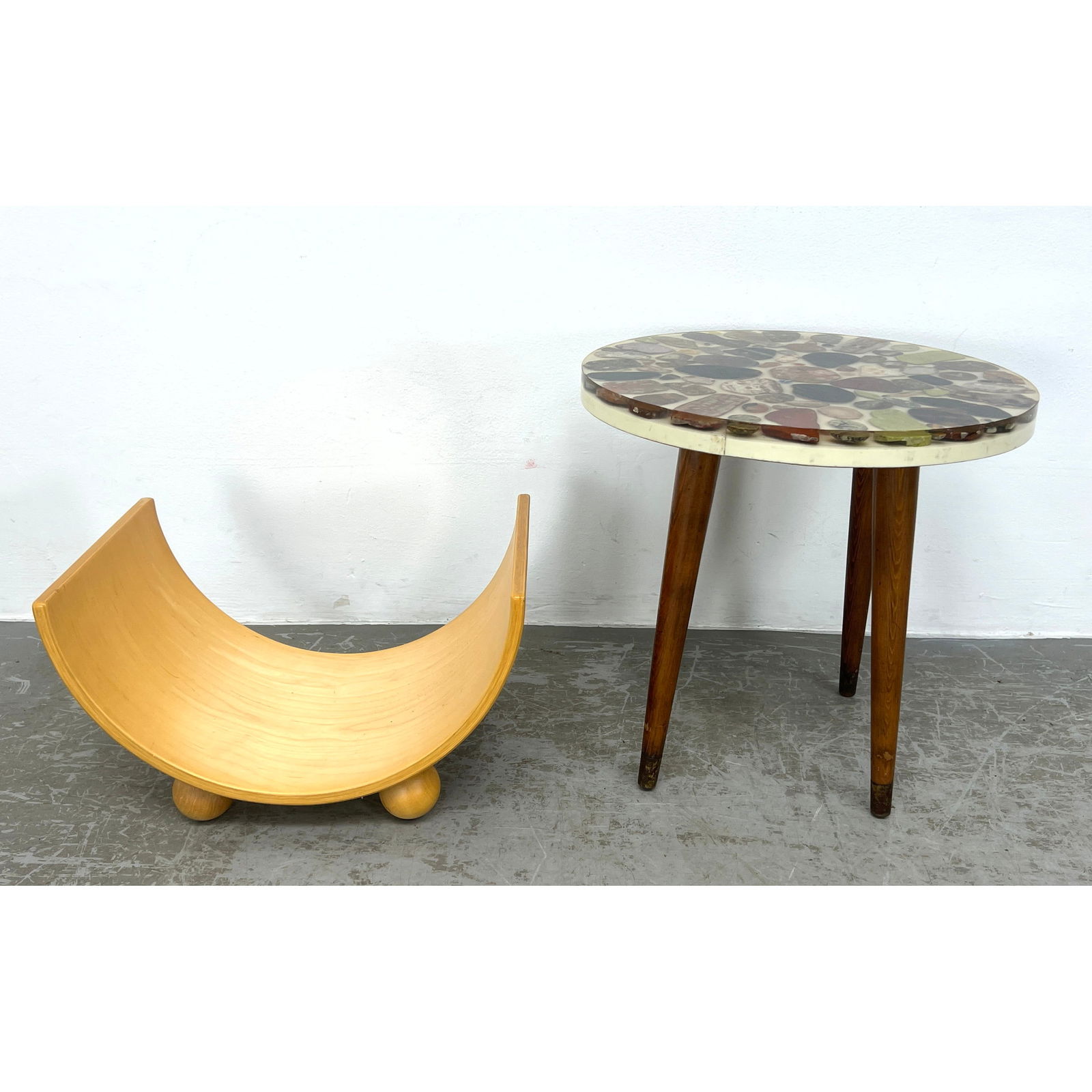 2pc Modern Design. Small Round Side Table. Stone and shell specimen  in resin Table Top. Four wood l (1 of 14)