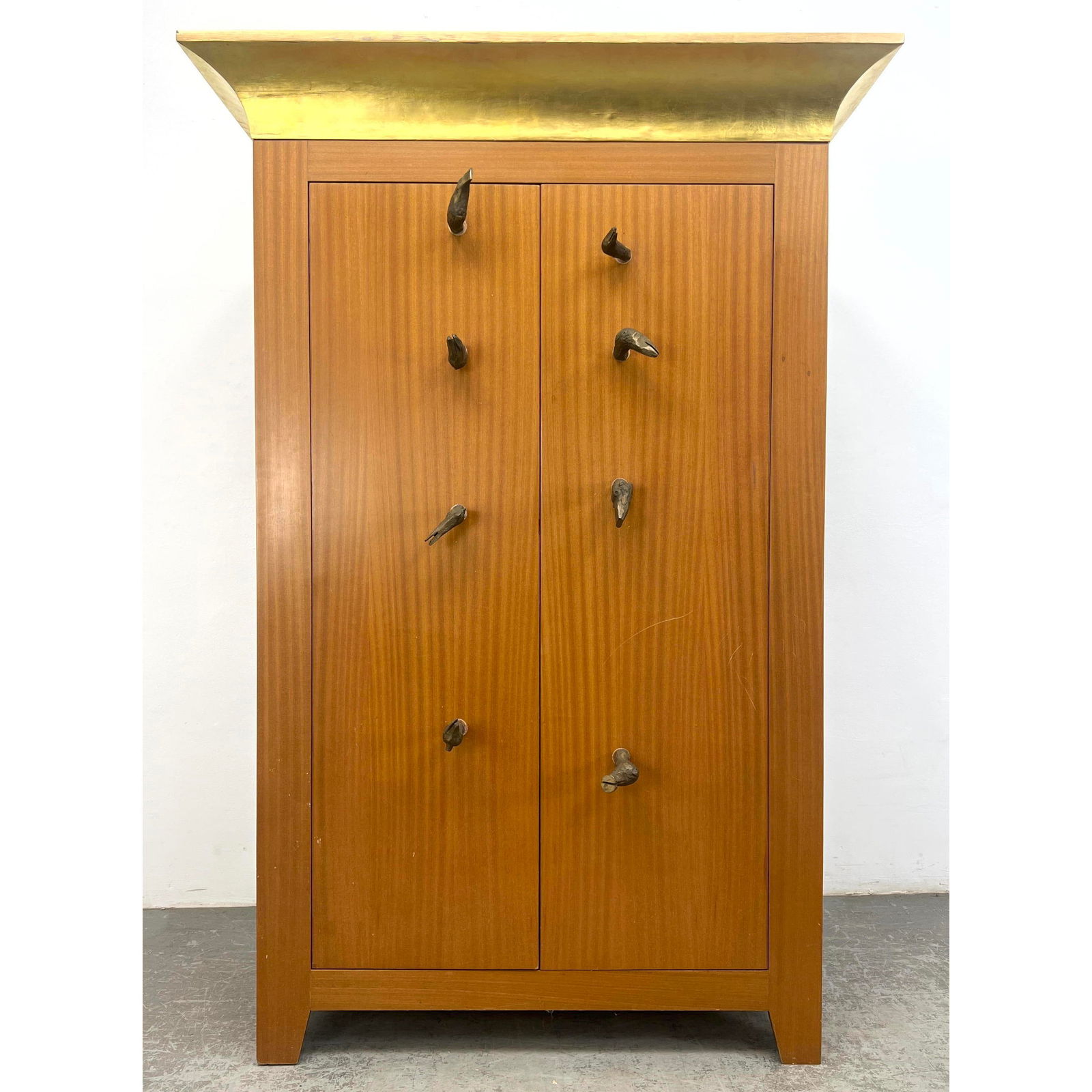 Tall Artisan Woodworker Studio Armoire Bar. Dramatic Gilt Cornice. Two Doors with Bronze Figural Ele (1 of 12)