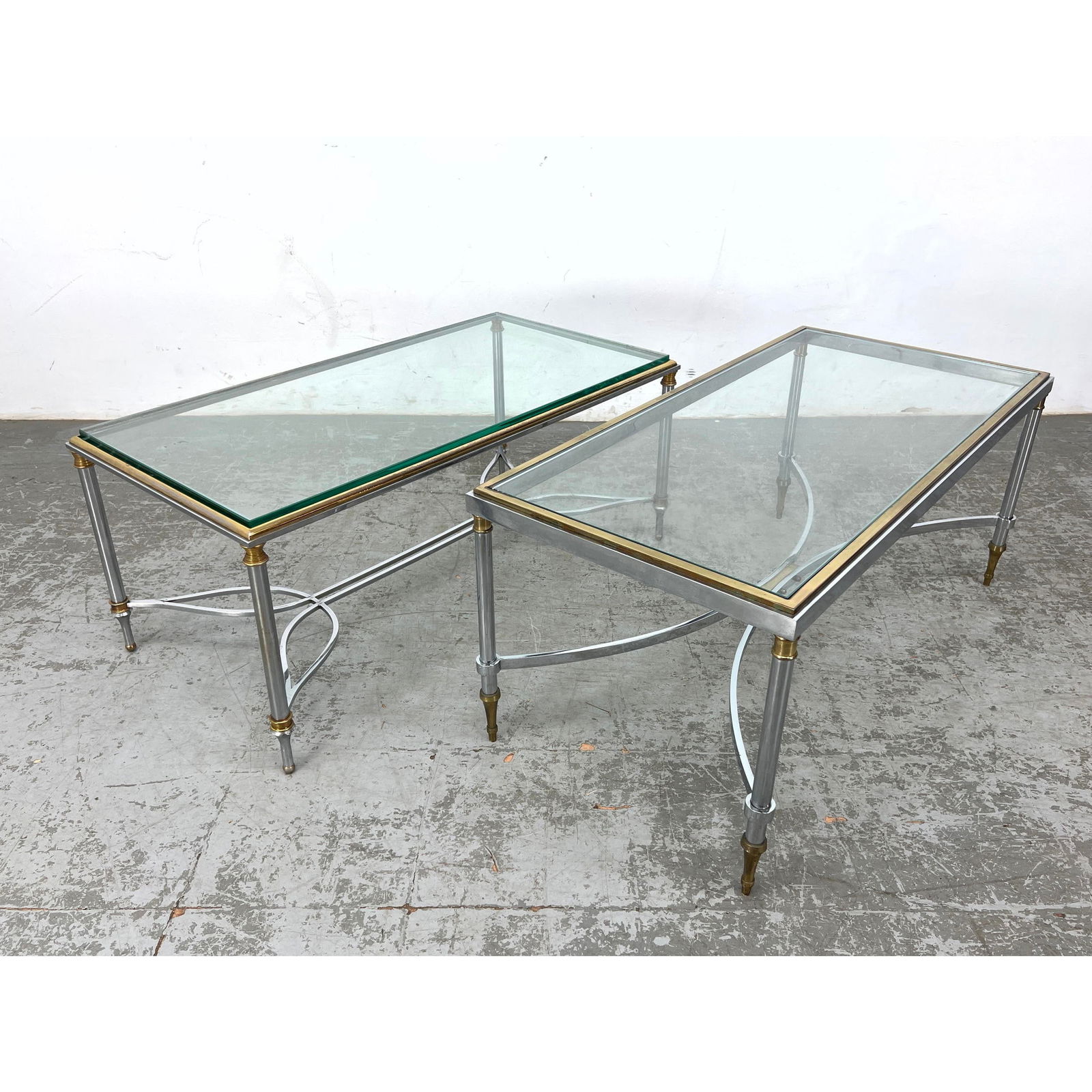 2pc Regency style Chrome, Brass Cocktail Tables. Jansen Style. Inset Glass Top Coffee Tables. Stylis (1 of 11)