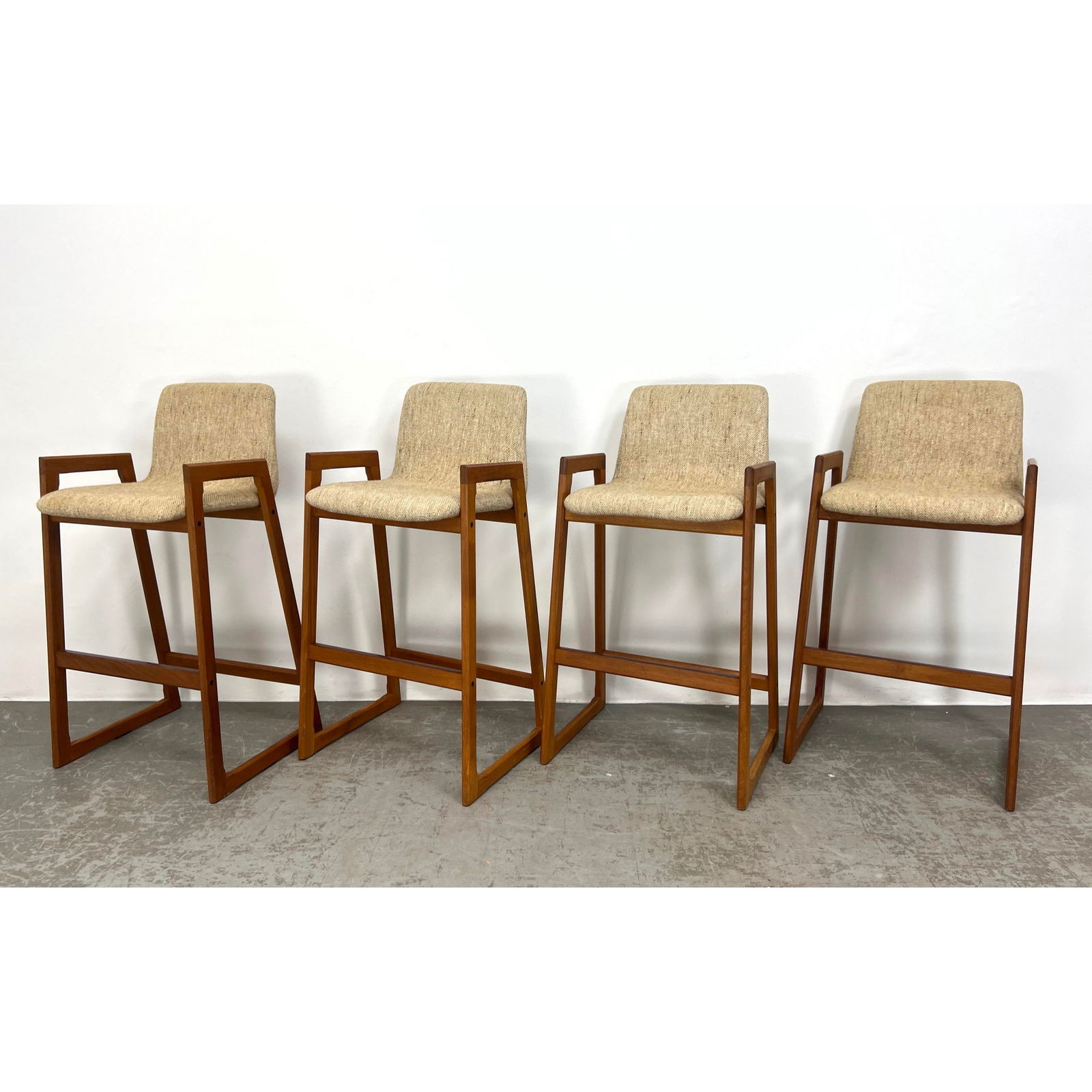 Set 4 Danish Modern Teak Barstools. Oatmeal tweed fabric. Marked Denmark. (1 of 18)