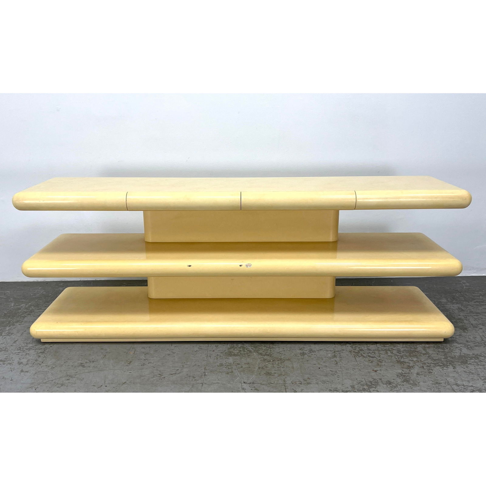 Modernist Lacquered Console Sofa Table. 3 Tiers. Top tier has drawer. Post Modern. (1 of 12)