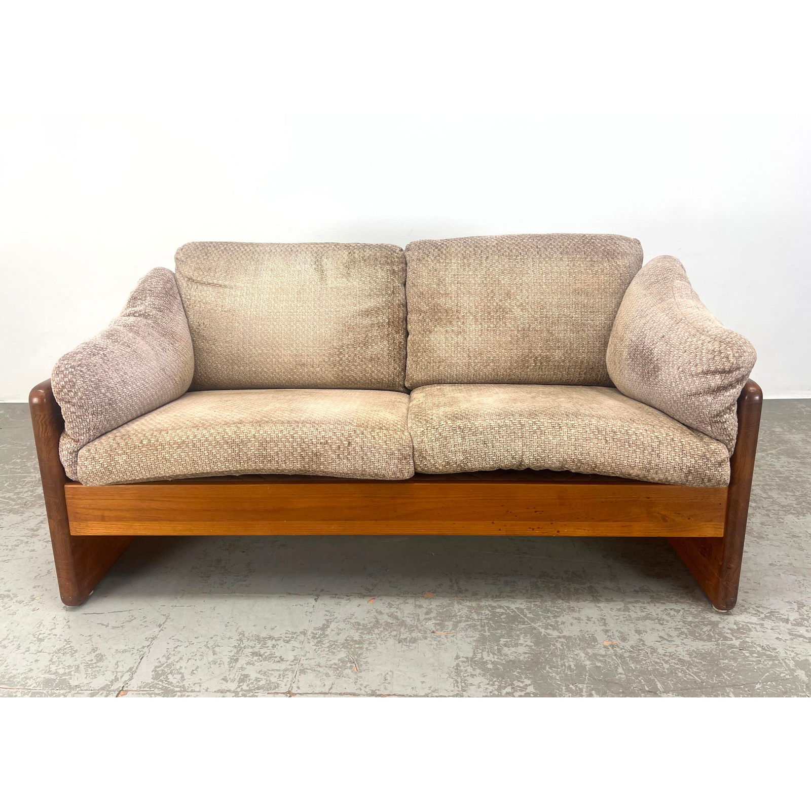 MIKAEL LAURSEN Danish Modern Teak Love Seat. Sloped Teak Sides and Back Panels.  Denmark Label. (1 of 12)