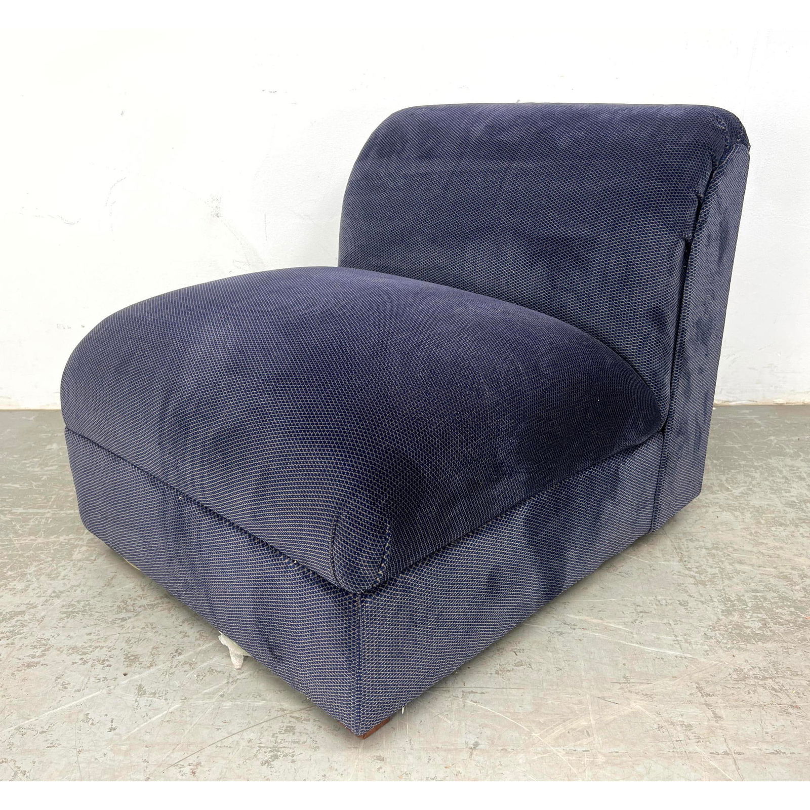 SELIG Modernist Blue Upholstered Lounge Chair. Slipper Chair. Label.: SELIG Modernist Blue Upholstered Lounge Chair. Slipper Chair. Label. Dimensions: Height: 26 inches, Width: 28 inches, Depth: 32 inches. - Seat Height: 16 inches --- - We offer curbside delivery for mo