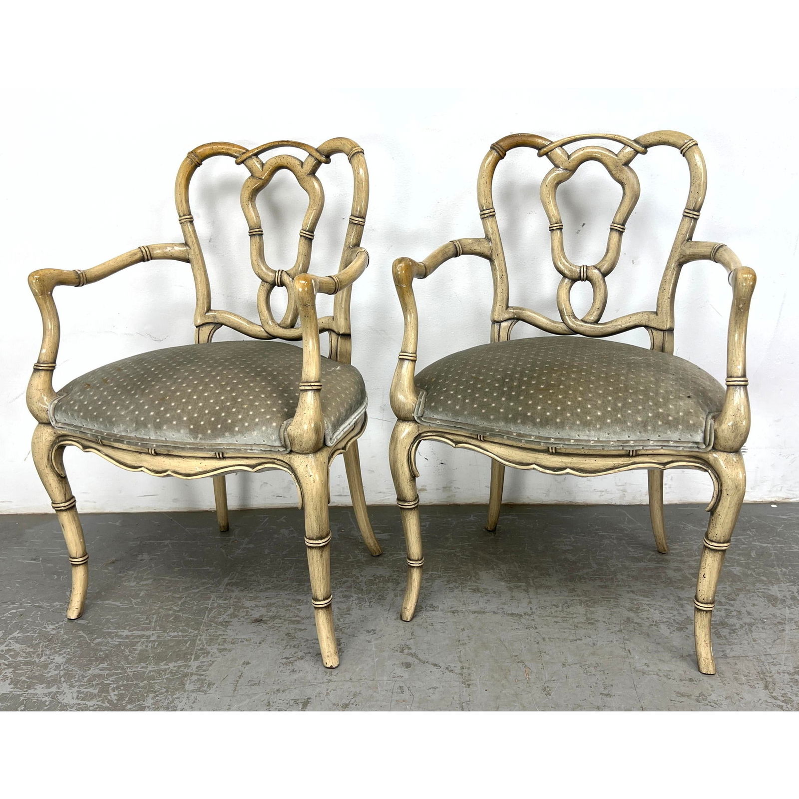 Pr Fancy Lacquered Finish Faux Bamboo Arm Chairs. Upholstered Seat Fauteuil. Ornate frames. (1 of 14)