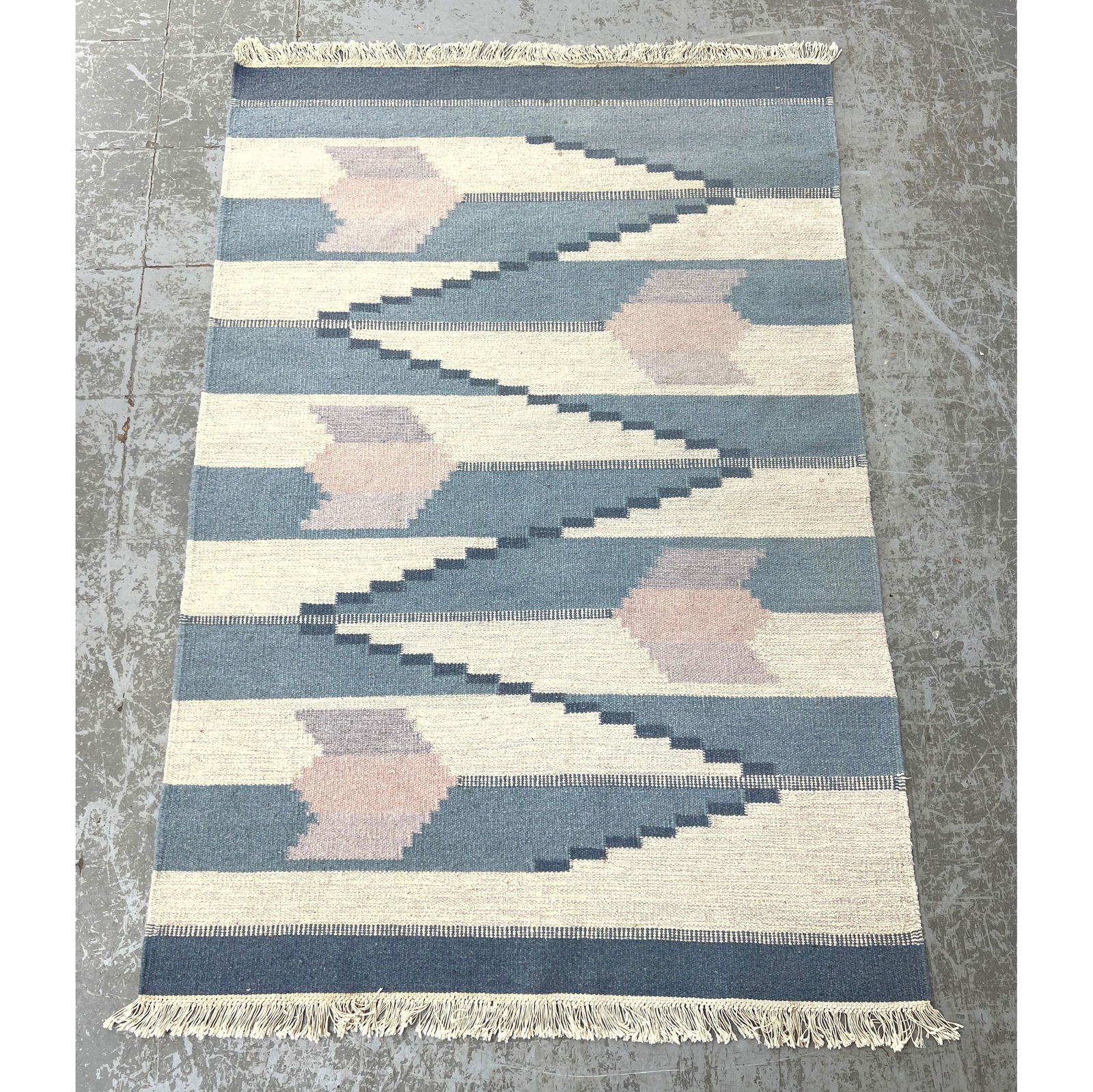 4'5 X 6'10 blue and white Scandinavian carpet. Flat weave. (1 of 11)