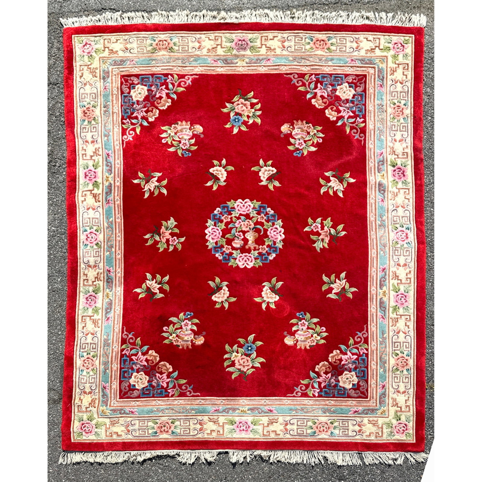 9' X 12'4 sculptured Chinese carpet. Red.: 9' X 12'4 sculptured Chinese carpet. Red. Dimensions: Height: 108 inches, Width: 148 inches. --- - We offer curbside delivery for most items to NYC, Manhattan, Close Brooklyn, Hoboken about a week aft