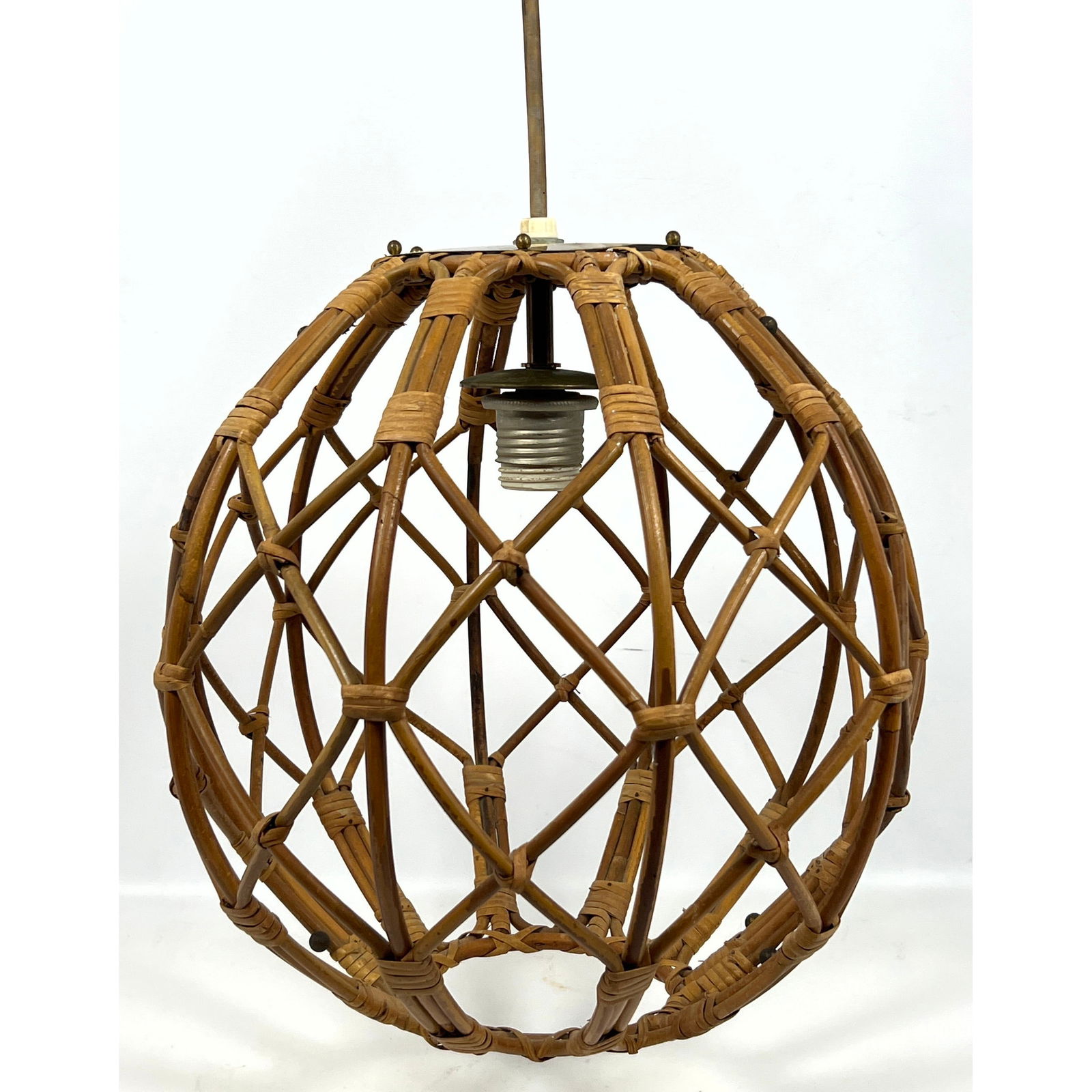 FRANCO ALBINI Woven Rattan Ball Pendant Lamp. Brass ball closure.: FRANCO ALBINI Woven Rattan Ball Pendant Lamp. Brass ball closure. Dimensions: Height: 44 inches, Width: 14 inches, Depth: 14 inches. --- - We offer curbside delivery for most items to NYC, Manhattan,