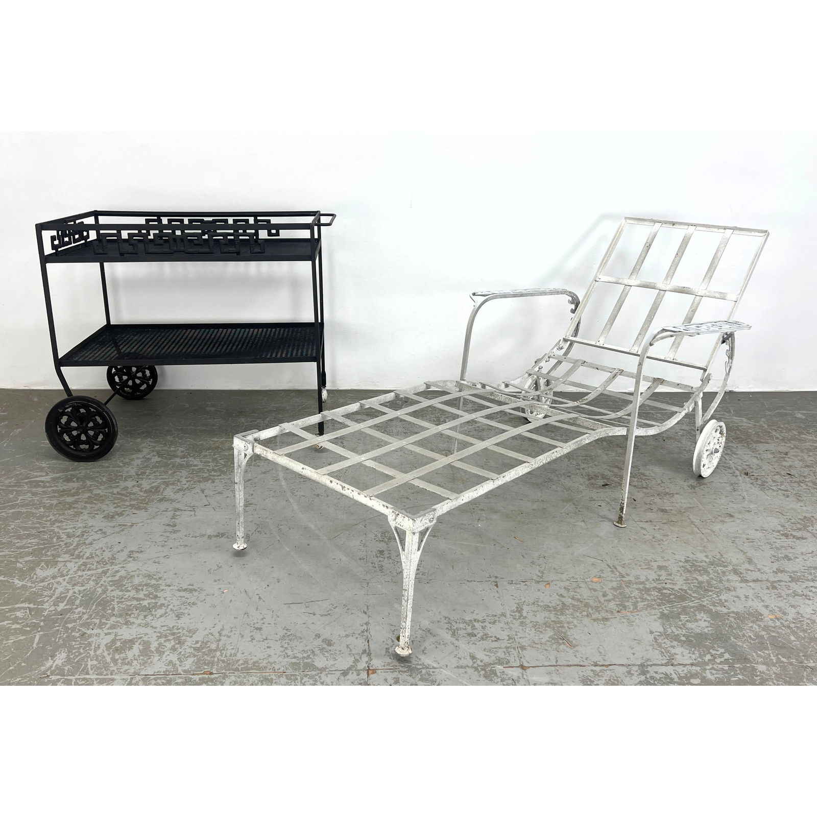 2pcs Salterini Garden Furniture. Bar cart and Chaise Lounge. Patio Garden: 2pcs Salterini Garden Furniture. Bar cart and Chaise Lounge. Patio Garden Dimensions: Height: 28.5 inches, Width: 21.5 inches, Depth: 34 inches. --- - We offer curbside delivery for most items to NYC,