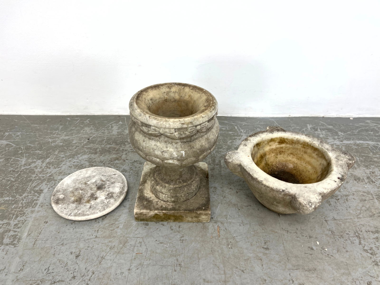 3pc Outdoor Cement Planter Lot. One pedestal base Planter with lid. Plus Low planter Mortar with 4 h (1 of 8)