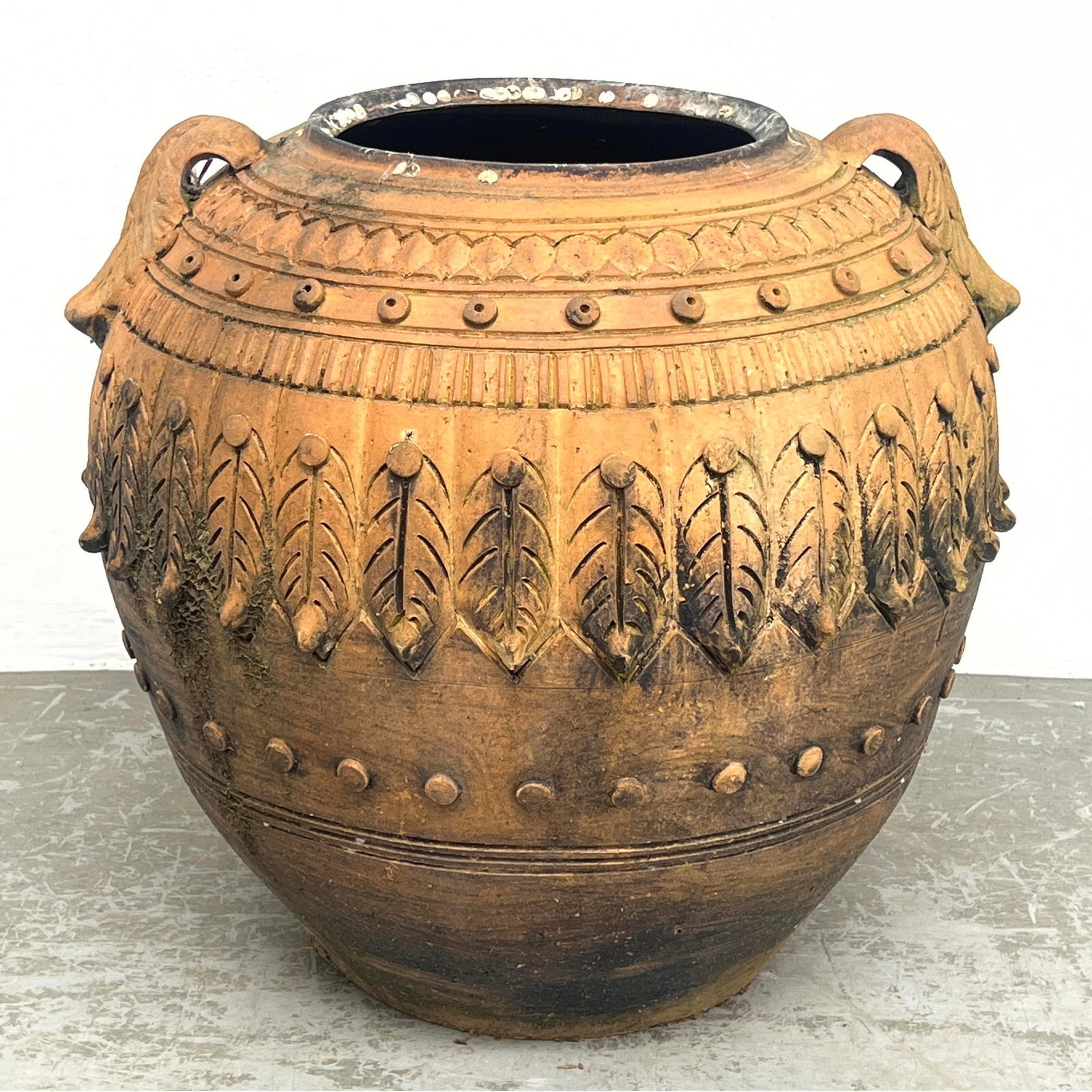Highly Decorative Terracotta Planter. Acanthus Leaf Handles. Garden, Patio, Porch.: Highly Decorative Terracotta Planter. Acanthus Leaf Handles. Garden, Patio, Porch. Dimensions: Height: 18.5 inches, Width: 20 inches, Depth: 20 inches. --- - We offer curbside delivery for most items 