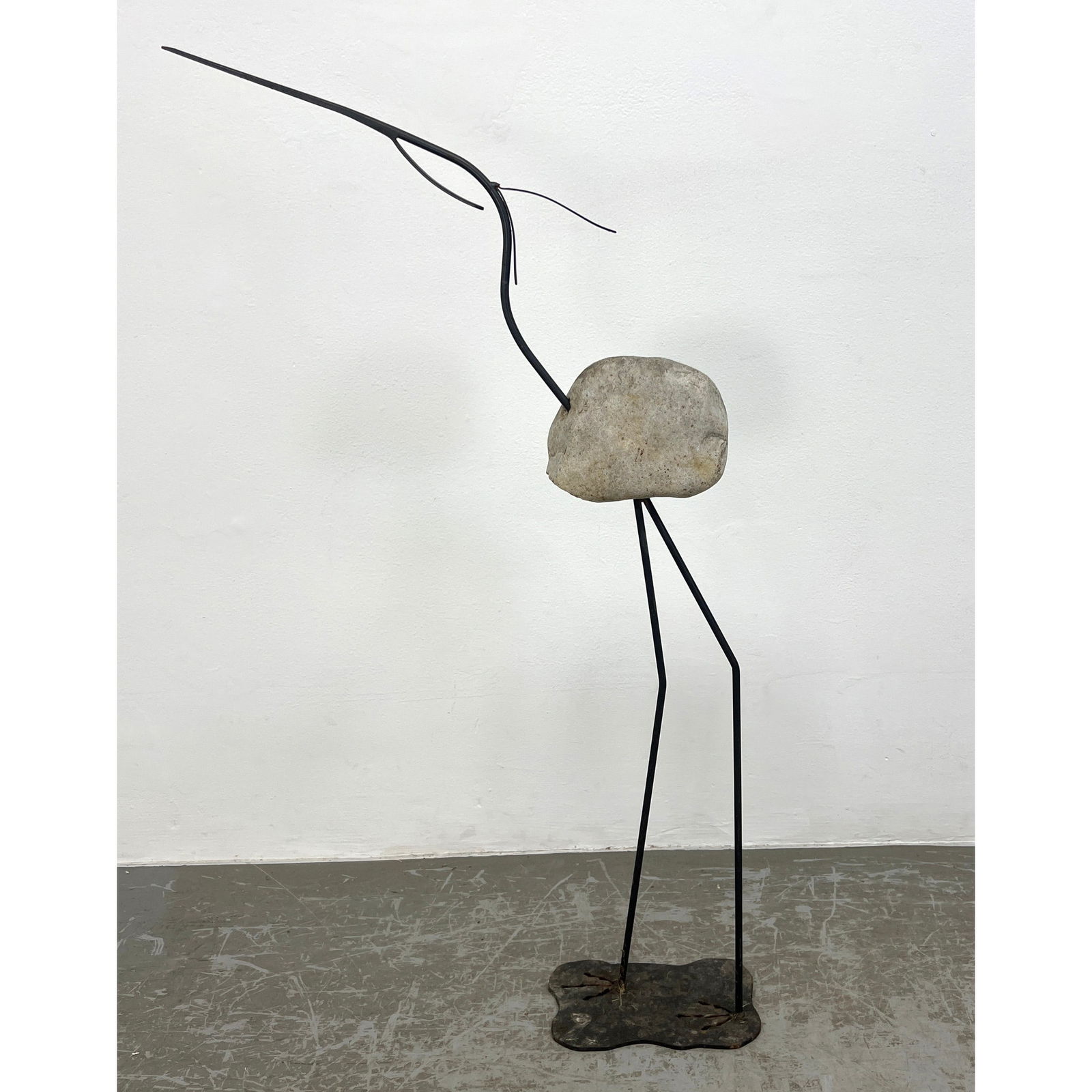 Outdoor Garden Crane Sculpture. Black Iron Form with large River Rock Body. Iron Base with Foot Desi (1 of 7)