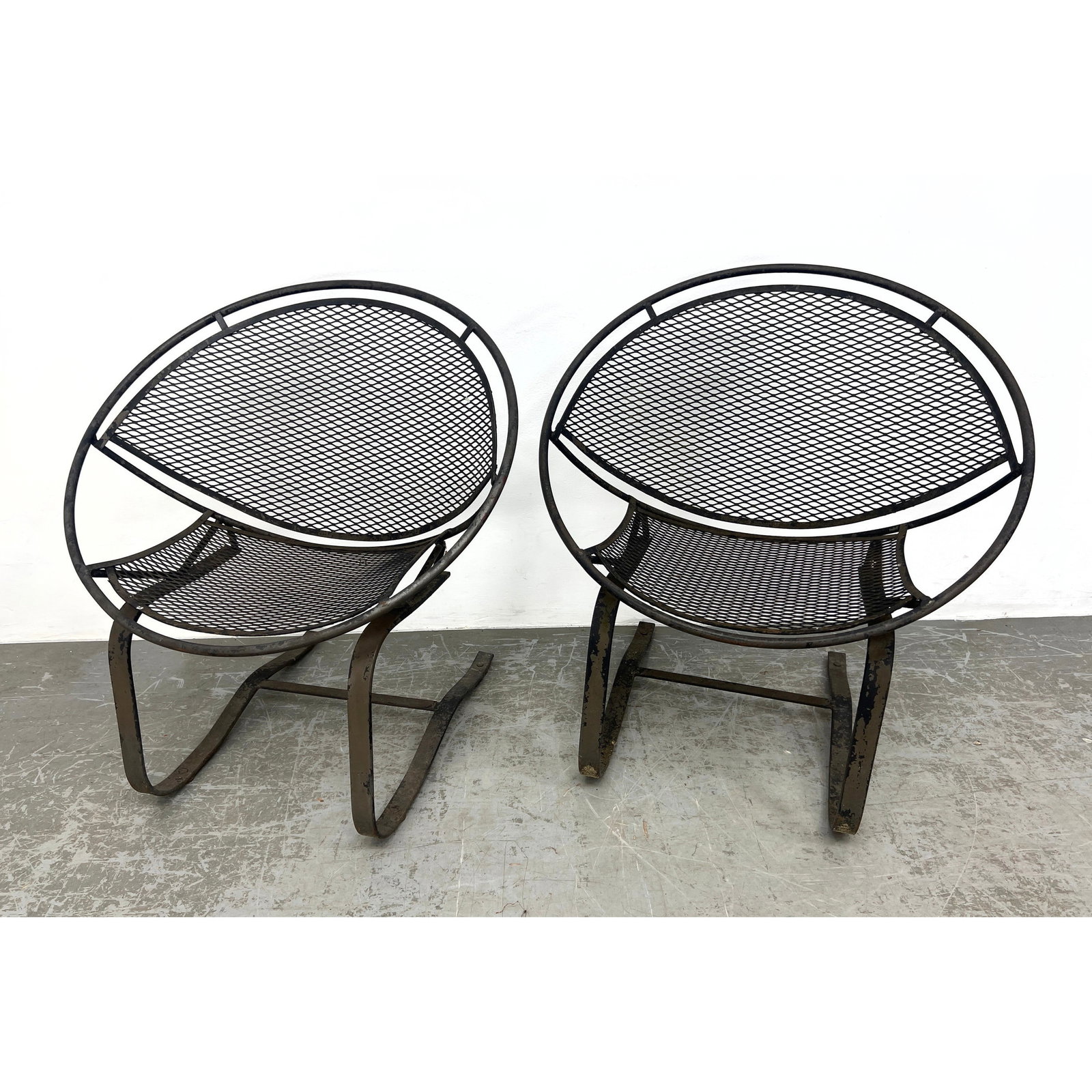 Pair Mid Century Salterini Radar Bouncer Garden Lounge Chairs.: Pair Mid Century Salterini Radar Bouncer Garden Lounge Chairs. Dimensions: Height: 33 inches, Width: 30 inches, Depth: 25 inches. - Seat Height: 16 inches --- - We offer curbside delivery for most ite