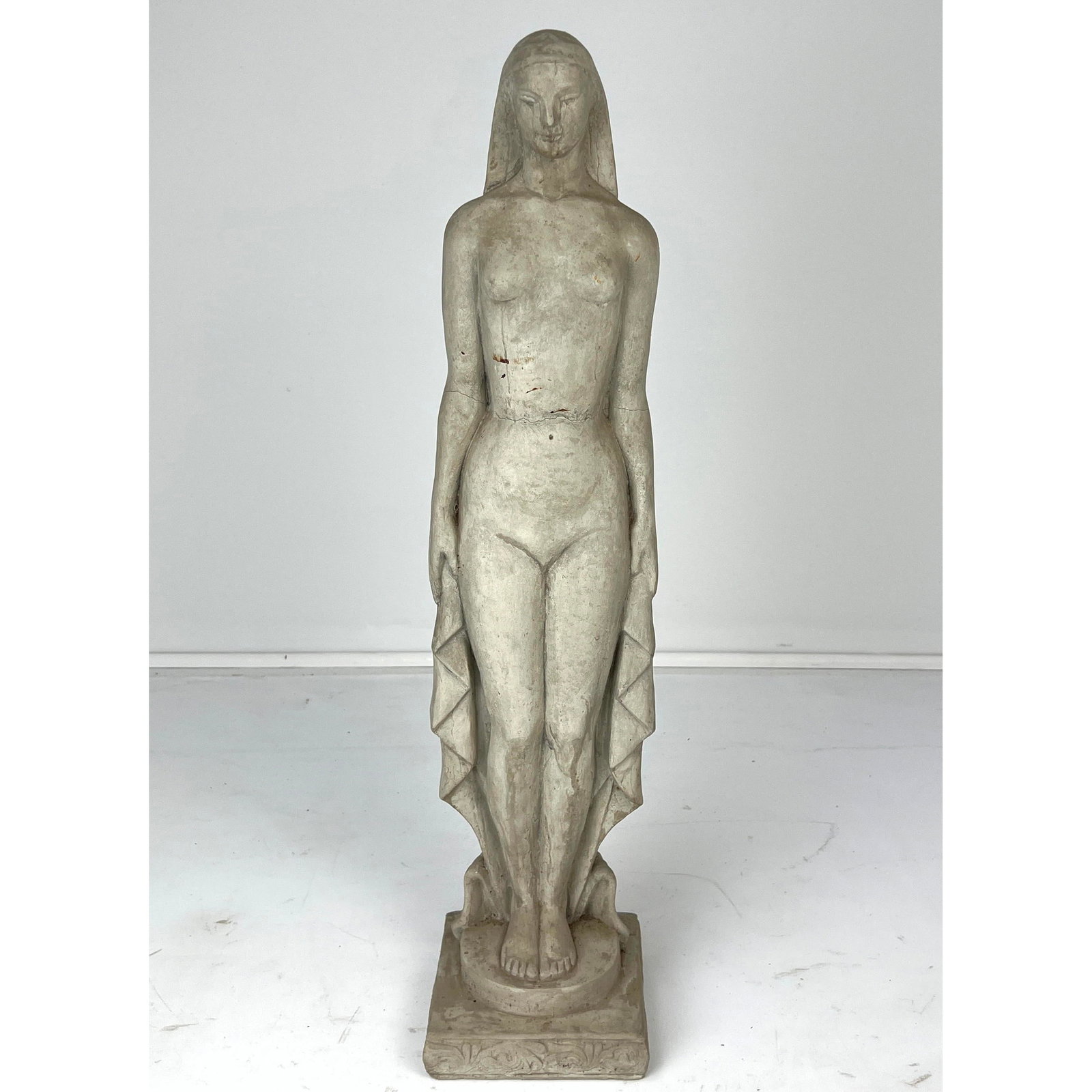 ZEIDLERCAST INC Art Deco style Female Nude Sculpture. Cast Cement. Marked. Dated 1986. Garden, Outdo: ZEIDLERCAST INC Art Deco style Female Nude Sculpture. Cast Cement. Marked. Dated 1986. Garden, Outdoor, Patio. Dimensions: Height: 27.5 inches, Width: 7 inches, Depth: 6.5 inches. --- - We offer curbs
