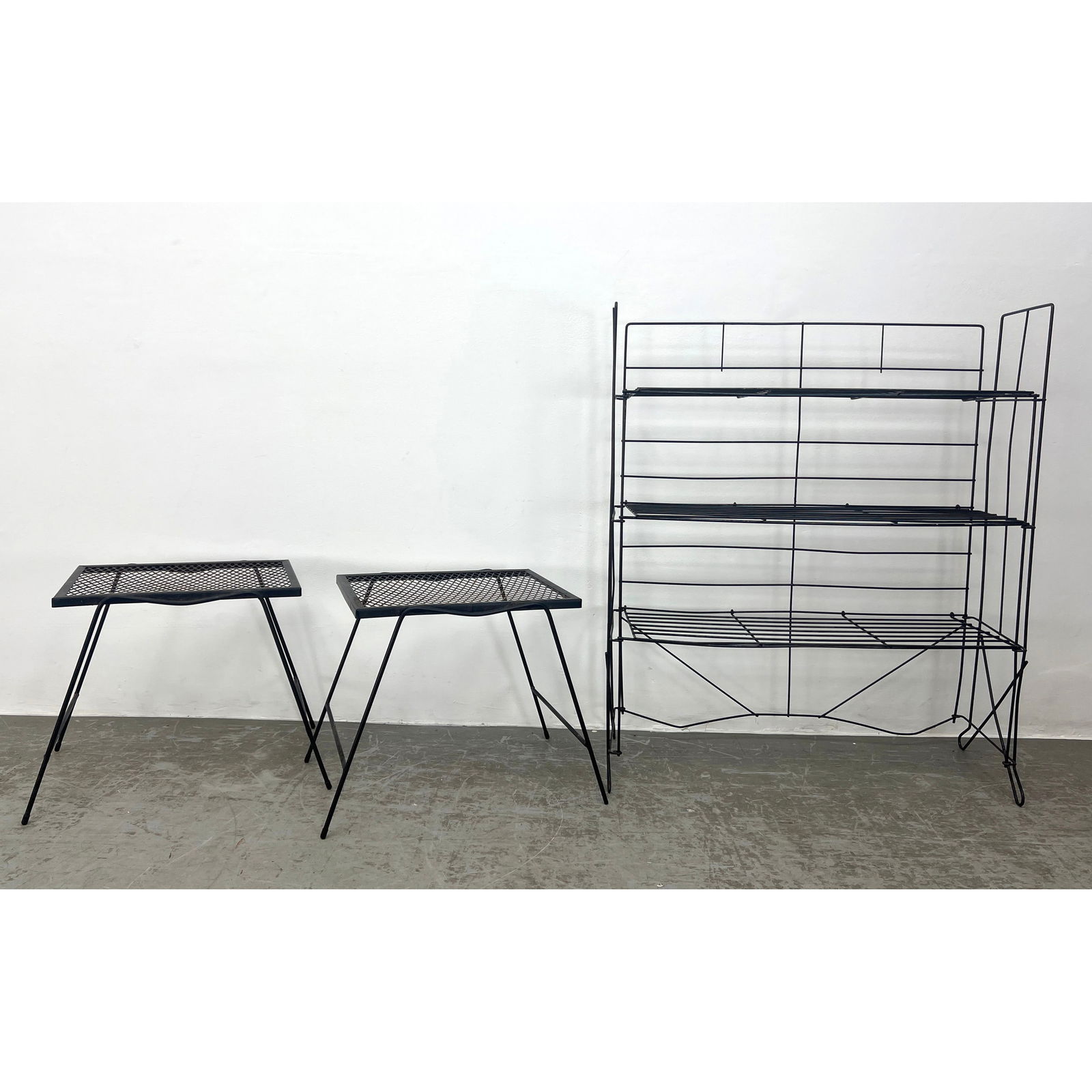 3pc Metal Lot. Wire Rod Shelf Unit. 2pc Iron Side End Tables. Outdoor, Garden.: 3pc Metal Lot. Wire Rod Shelf Unit. 2pc Iron Side End Tables. Outdoor, Garden. Dimensions: Height: 42 inches, Width: 35.5 inches, Depth: 13 inches. - Additional Dimensions: Side tables H: 17.5 inches,