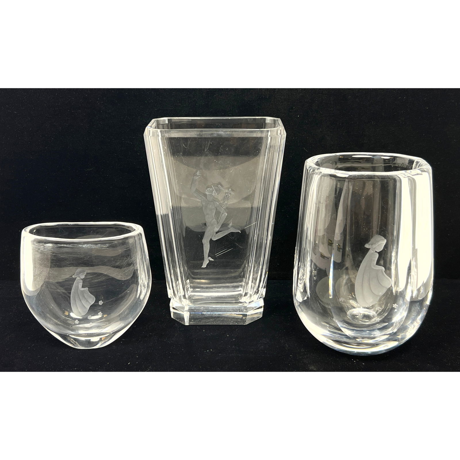 3pc Lot Engraved Swedish Art Crystal. KOSTA Vase with image of Mercury. 2 ORREFORS Vases. (1 of 13)